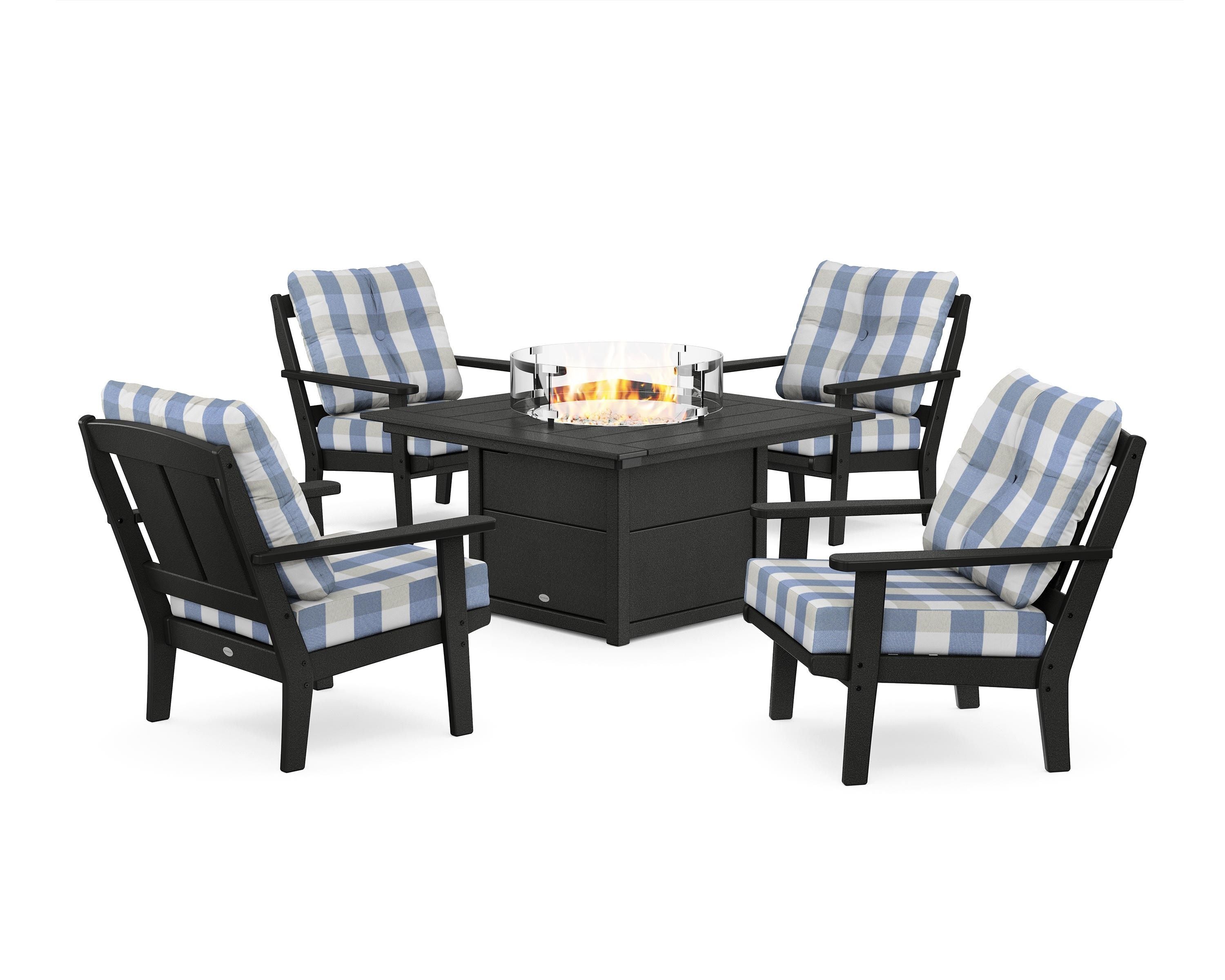 POLYWOOD® Mission 5-Piece Deep Seating Set with Fire Pit Table in Black / Buffalo Plaid Sky Blue