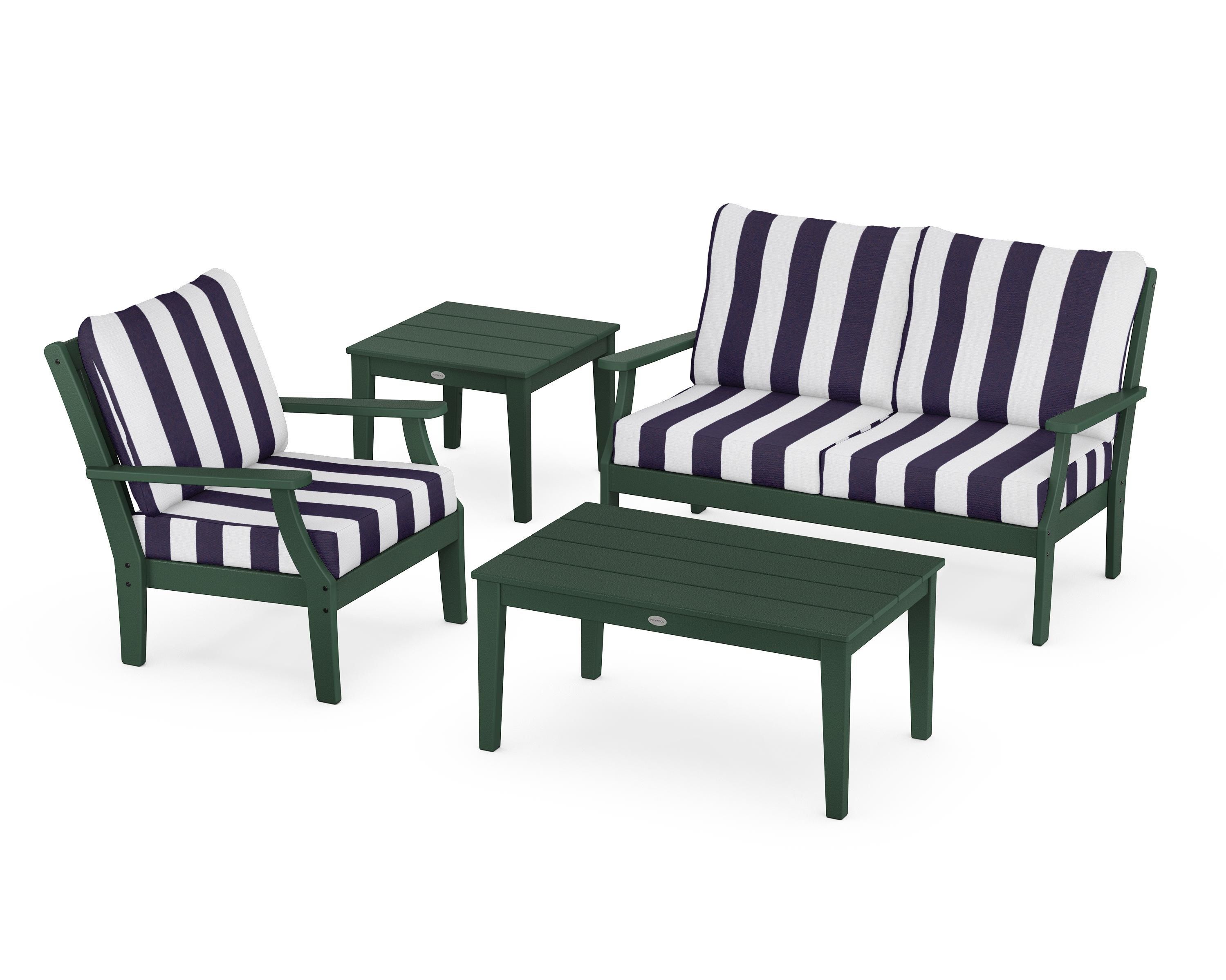 POLYWOOD® Braxton 4-Piece Deep Seating Set in Green / Cabana Stripe Navy
