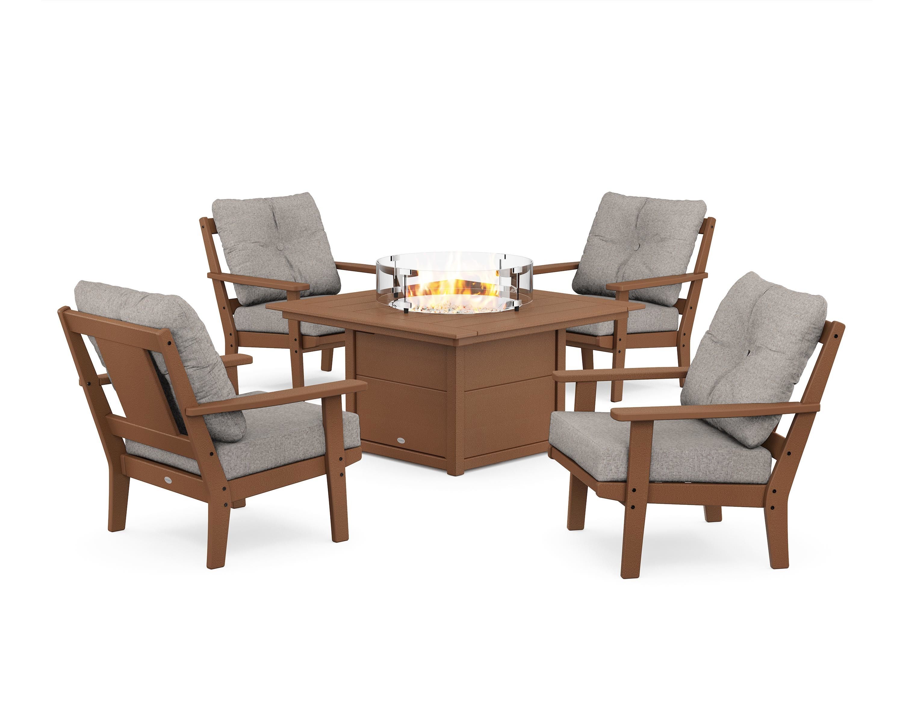 POLYWOOD® Prairie 5-Piece Deep Seating Set with Fire Pit Table in Teak / Weathered Tweed