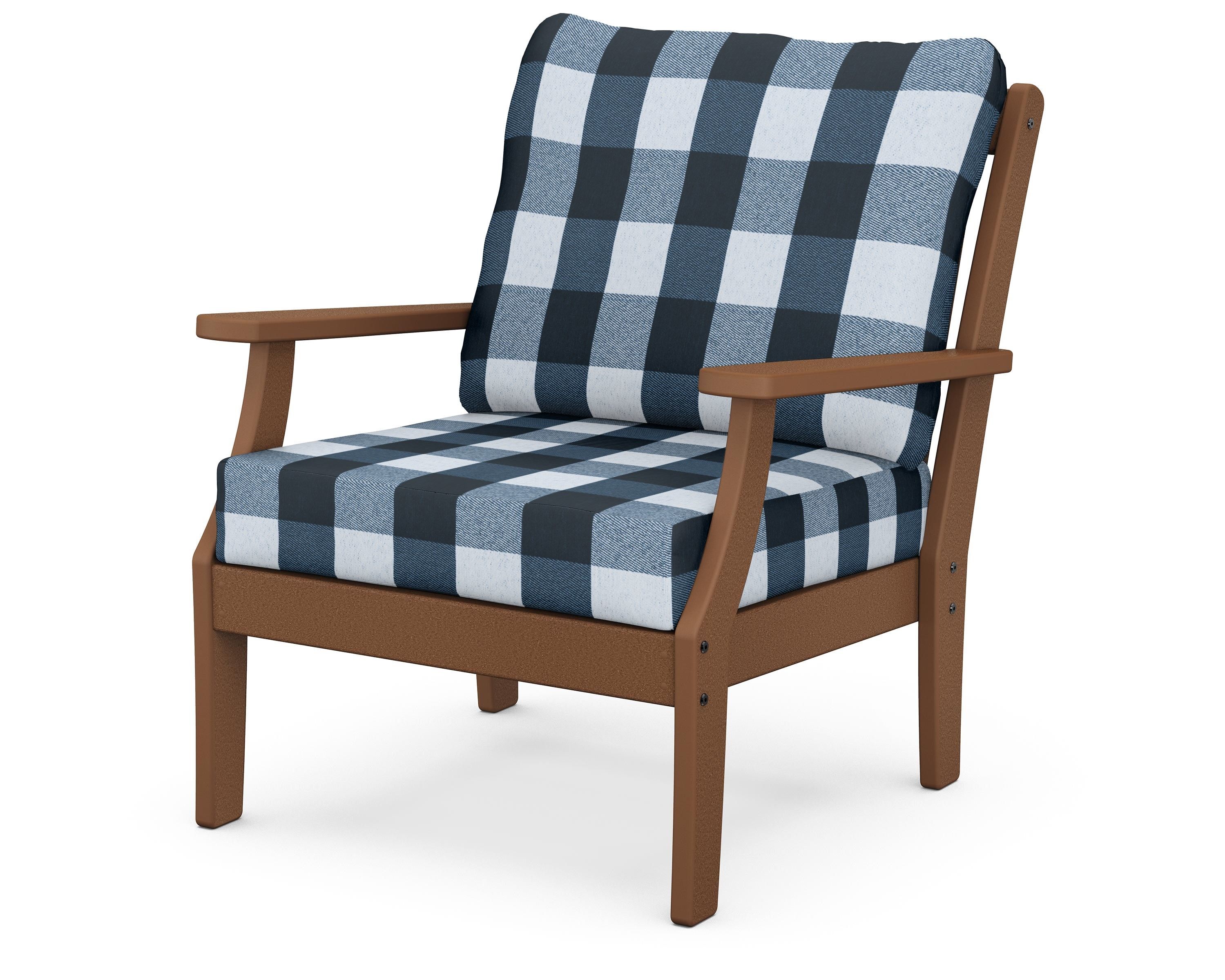 POLYWOOD® Braxton Deep Seating Chair in Teak / Buffalo Plaid Marine Indigo