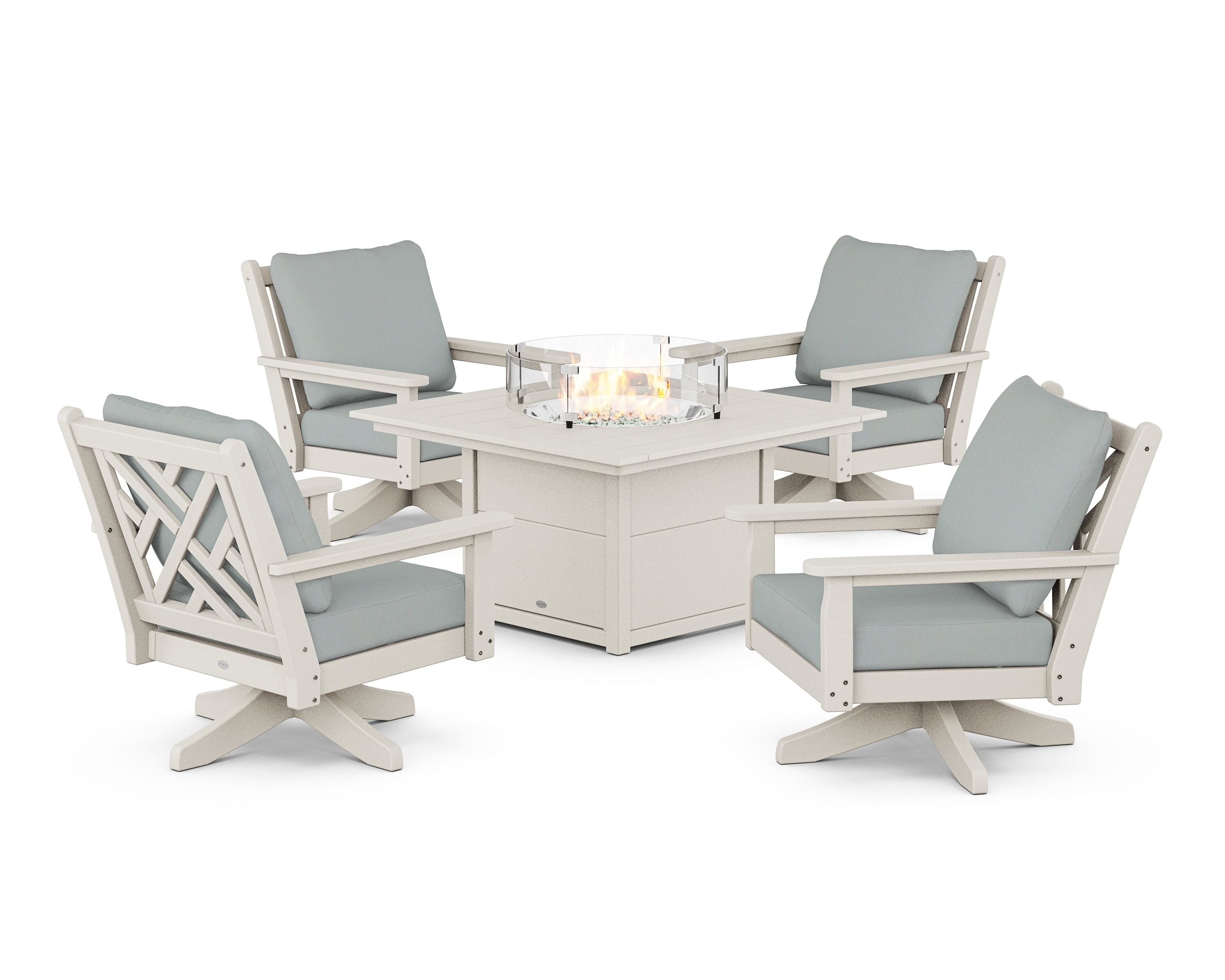 POLYWOOD® Chippendale 5-Piece Deep Seating Swivel Conversation Set with Fire Pit Table in Sand / Spa