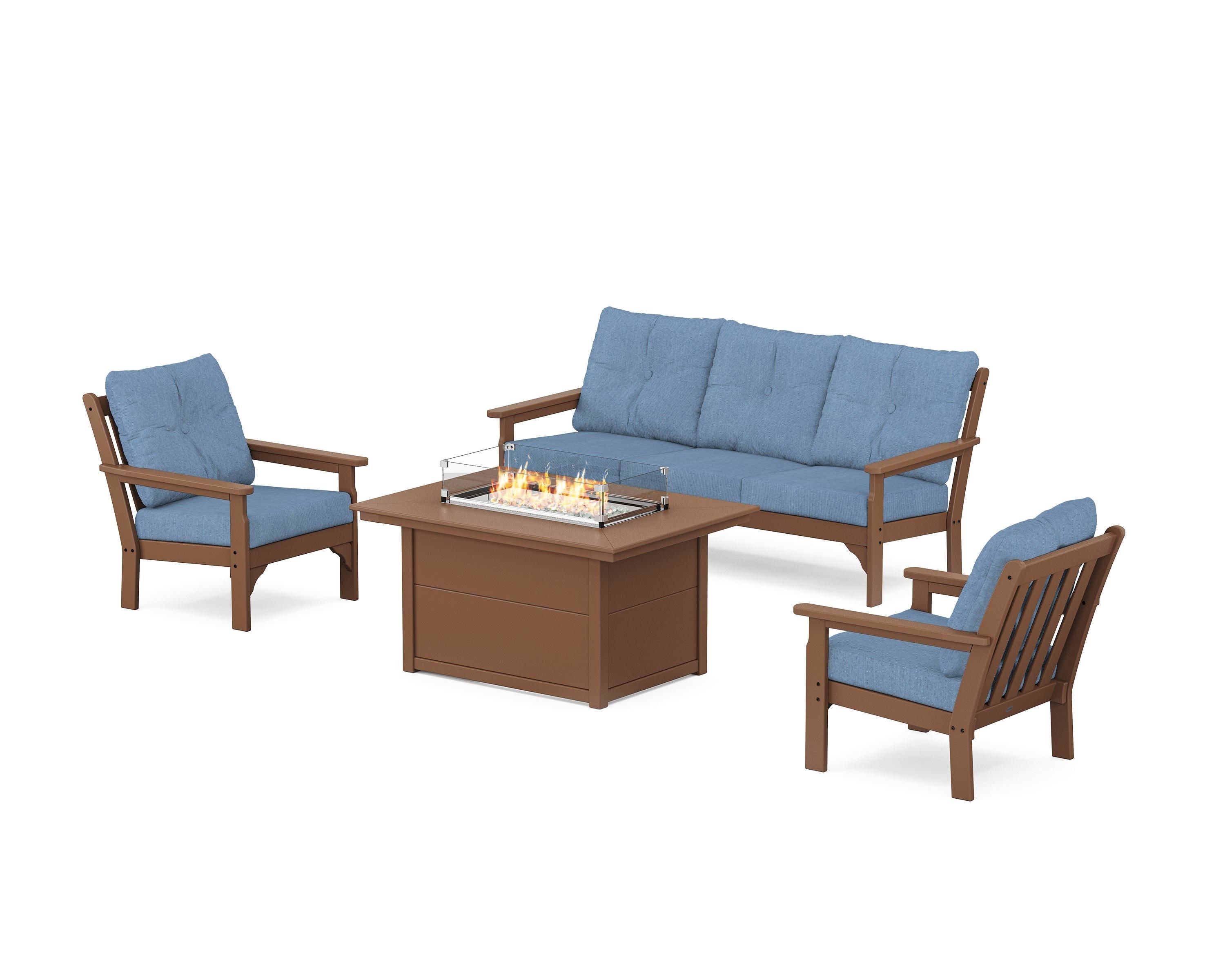 POLYWOOD® Vineyard Deep Seating Fire Pit Table Set in Teak / Sky Blue