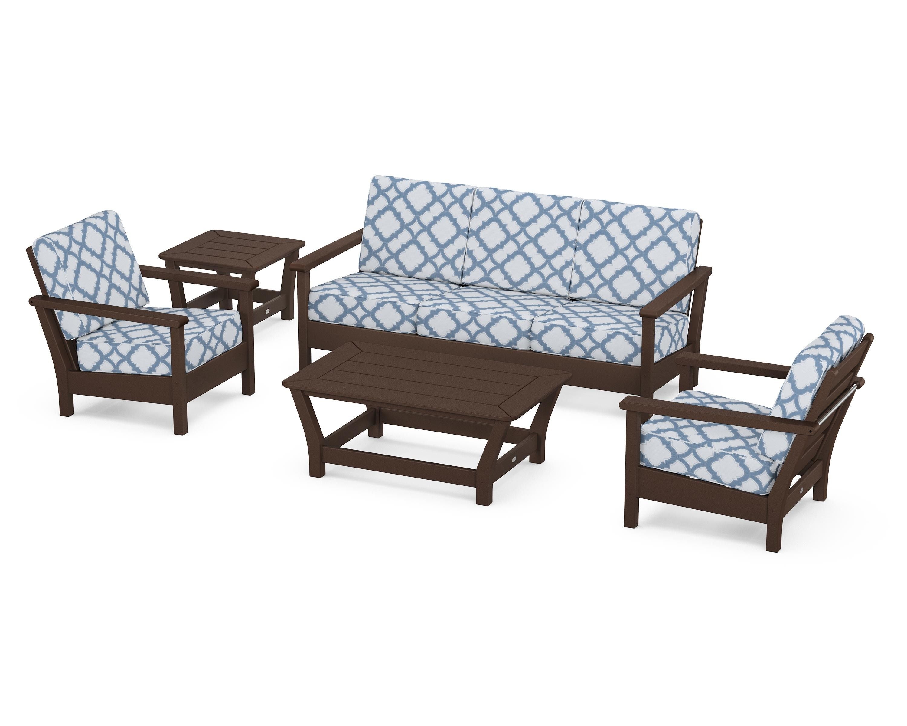 POLYWOOD® Harbour 5-Piece Deep Seating Set in Mahogany / Trellis Sky Blue