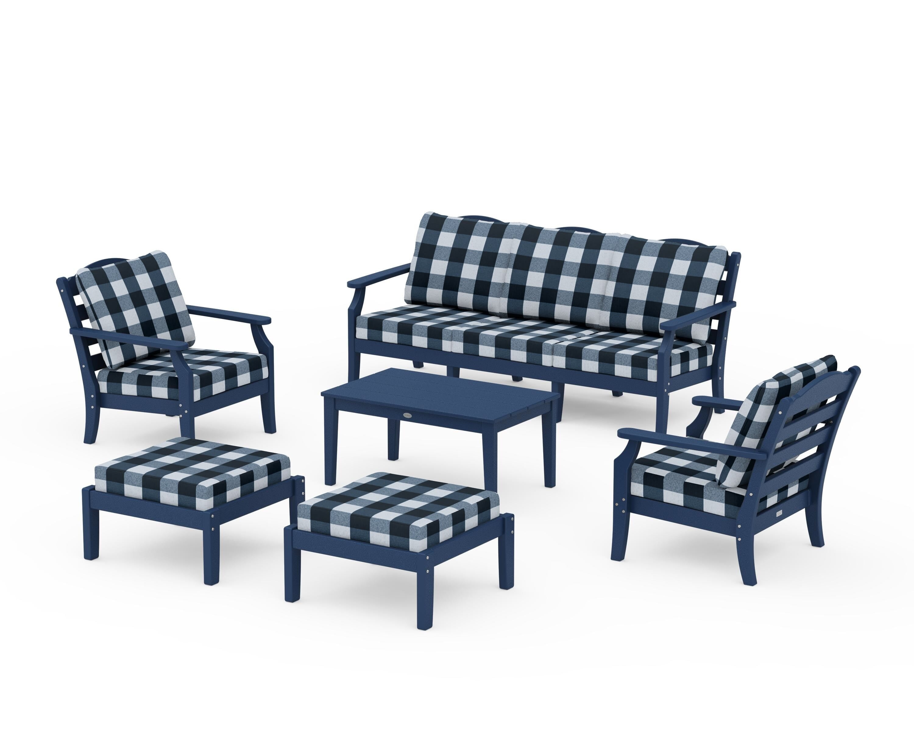 Draper James™ by POLYWOOD® Savannah 6-Piece Lounge Sofa Set in Navy / Buffalo Plaid Marine Indigo