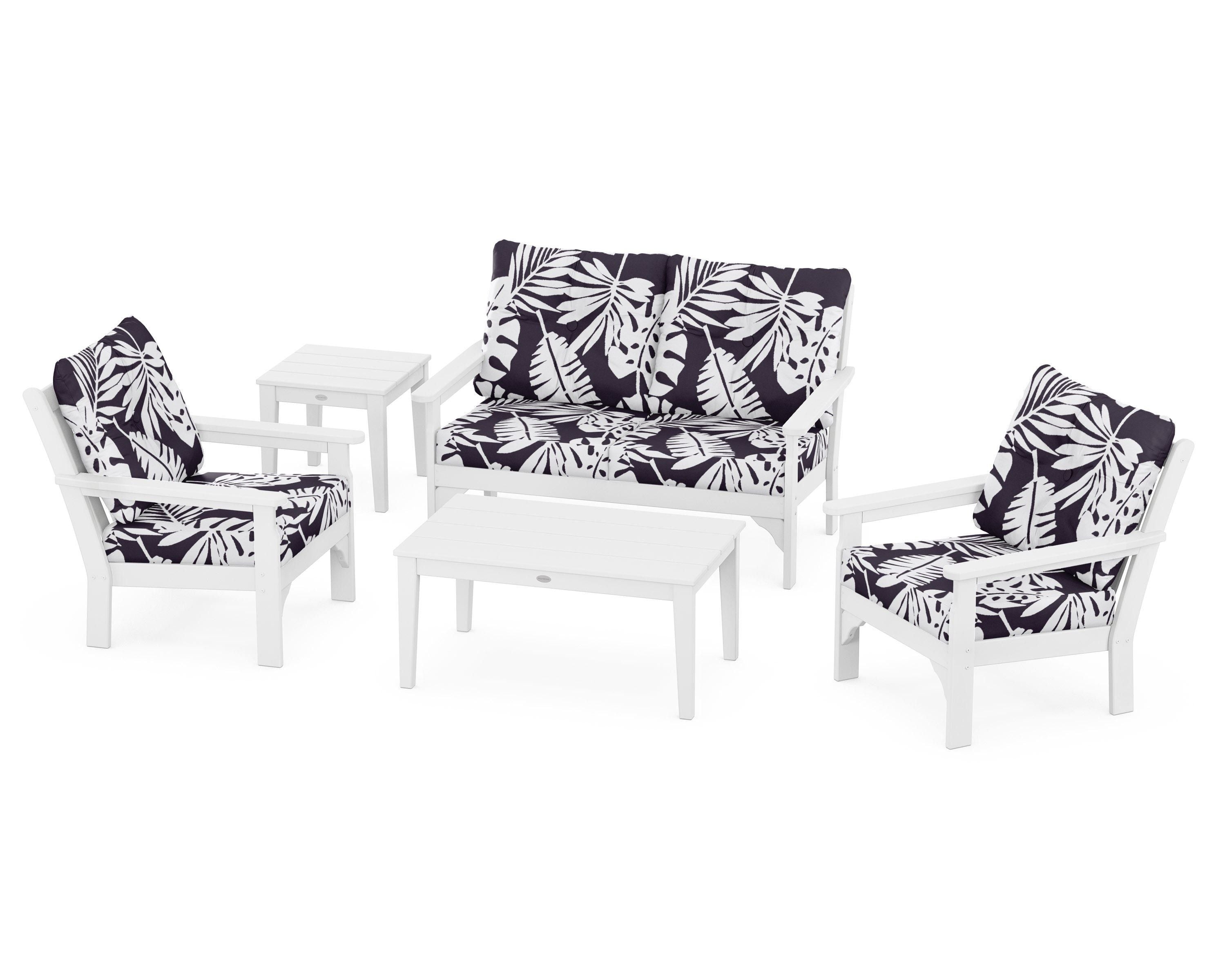 POLYWOOD® Vineyard 5-Piece Deep Seating Set in White / Leaf Navy