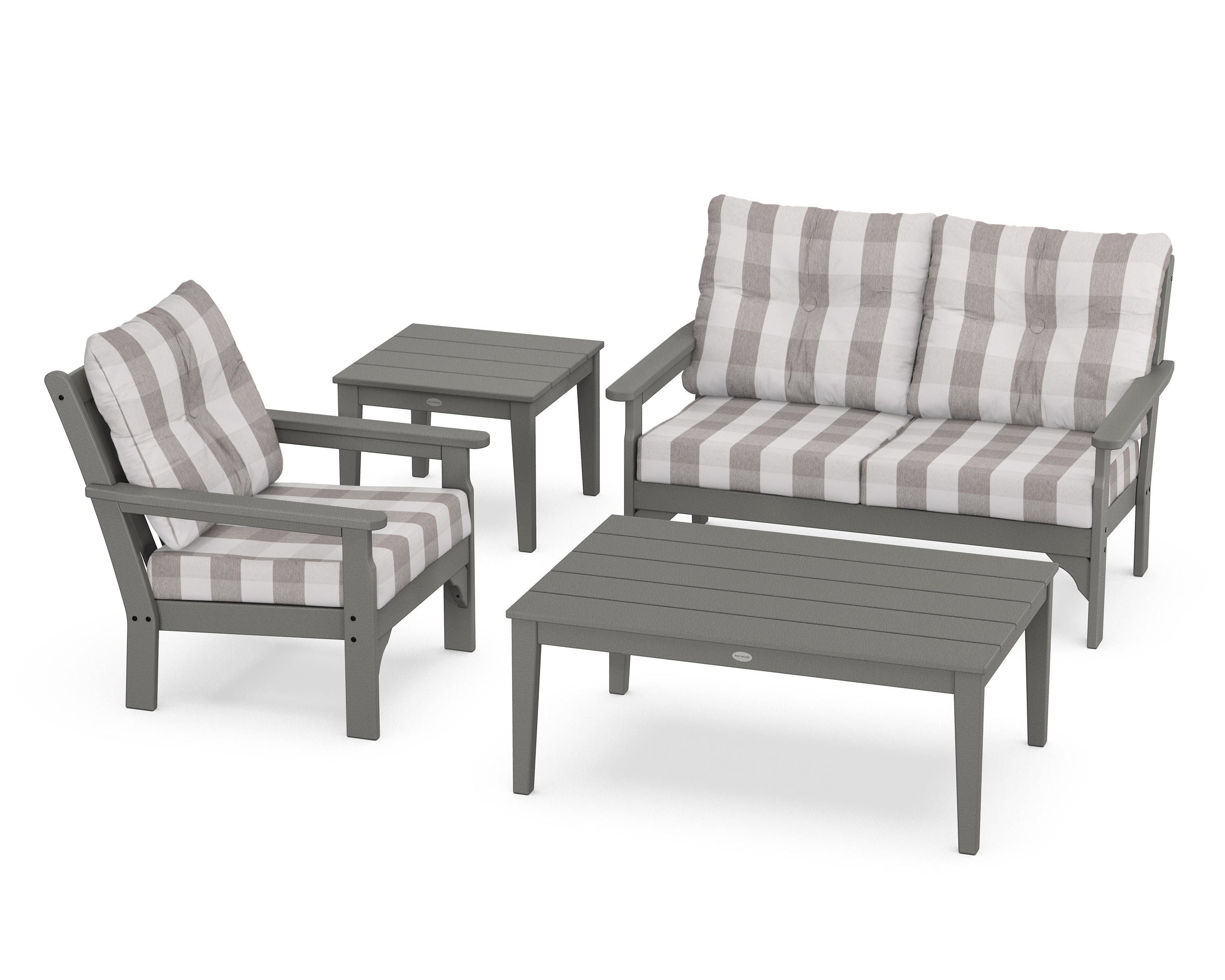 POLYWOOD® Vineyard 4-Piece Deep Seating Set in Slate Grey / Buffalo Plaid Grey Mist