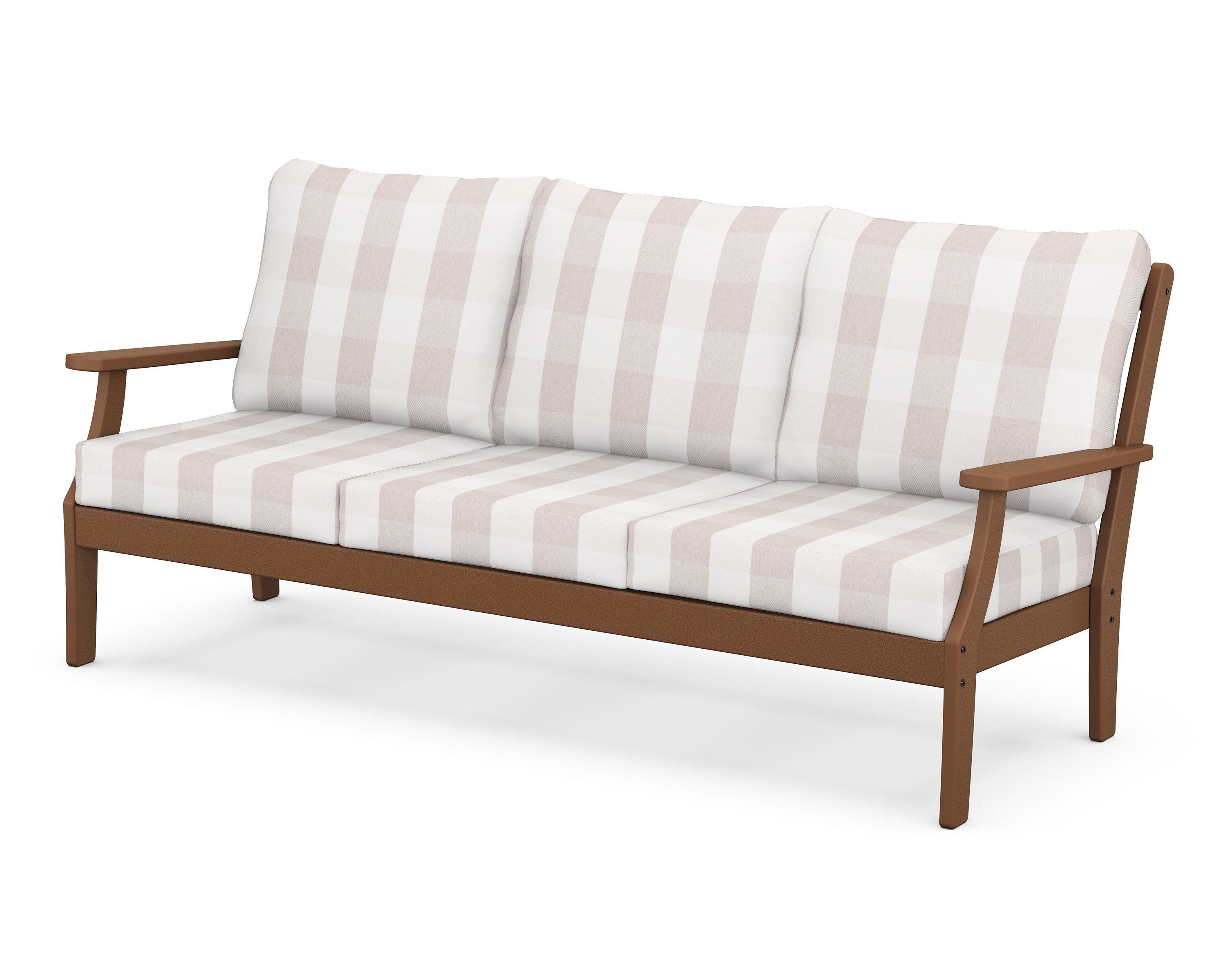 POLYWOOD® Braxton Deep Seating Sofa in Teak / Buffalo Plaid Dune Burlap