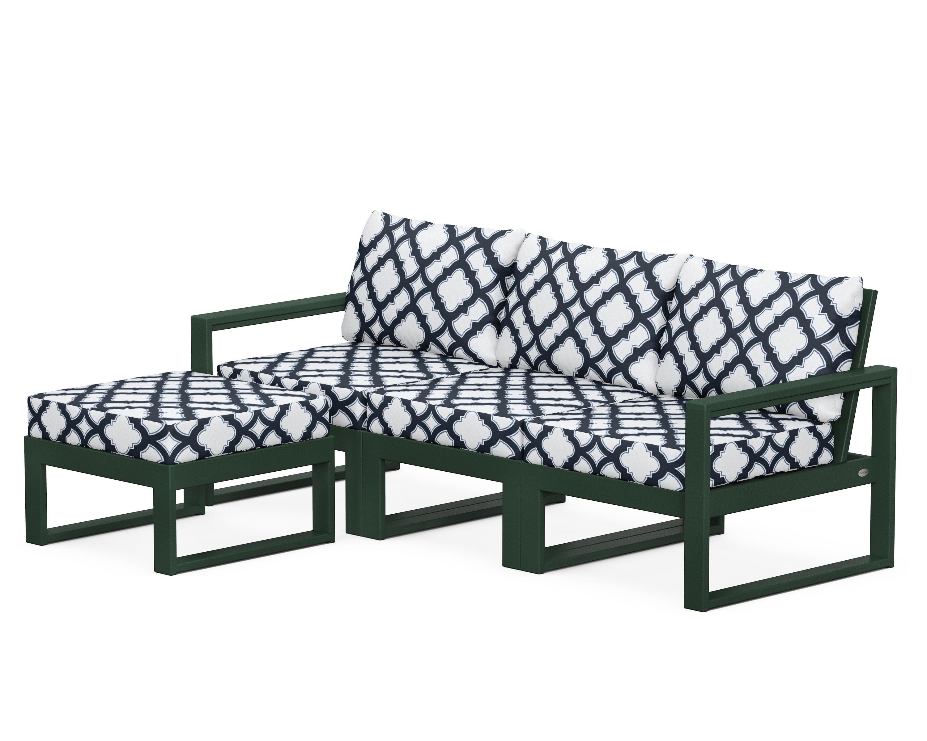 POLYWOOD® EDGE 4-Piece Modular Deep Seating Set with Ottoman in Green / Trellis Marine Indigo