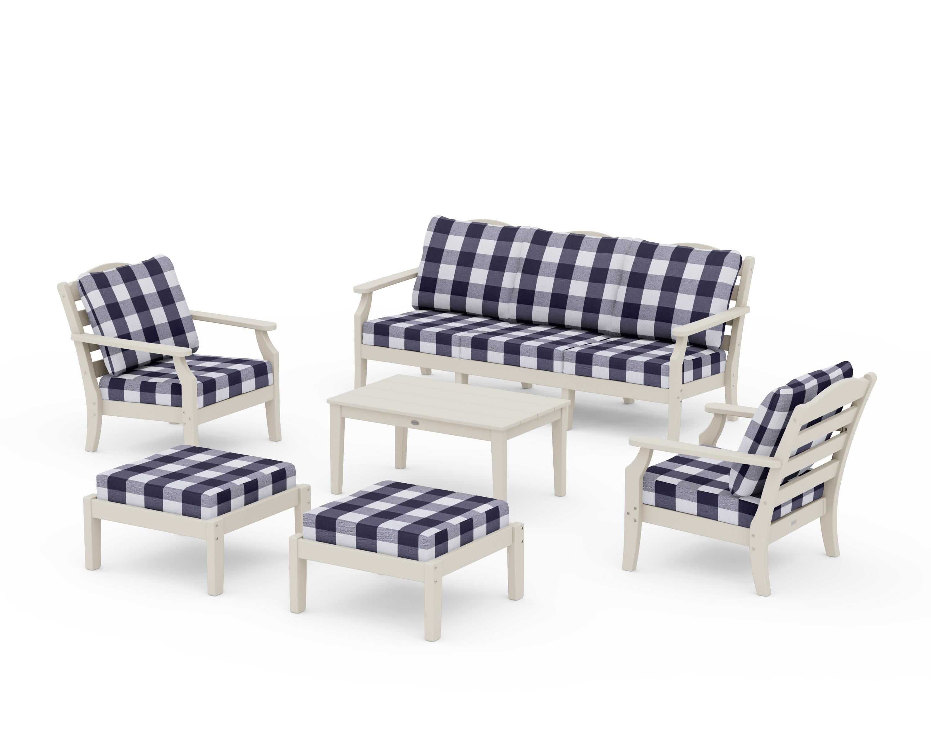 Draper James™ by POLYWOOD® Savannah 6-Piece Lounge Sofa Set in Sand / Buffalo Plaid Navy
