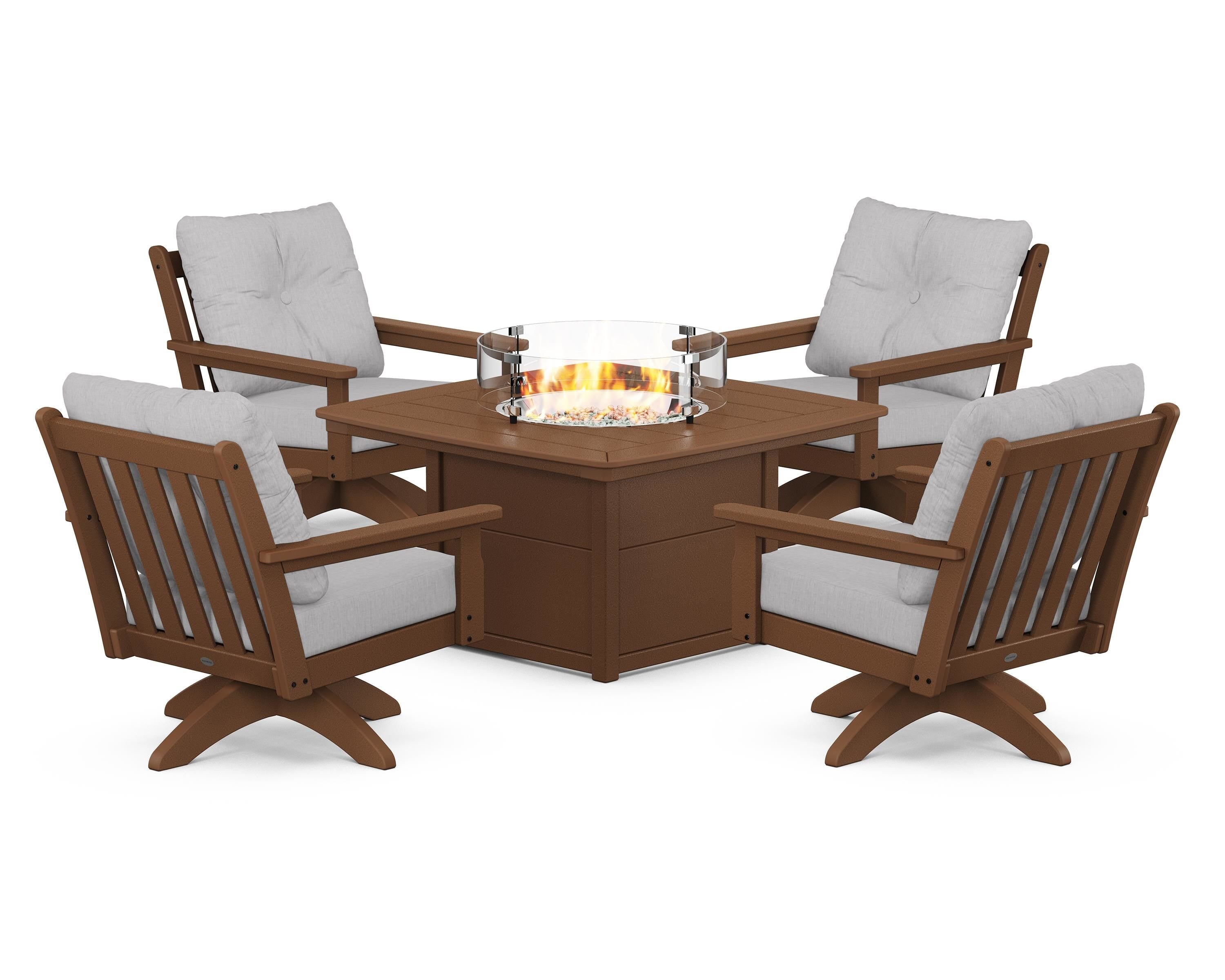 POLYWOOD® Vineyard 5-Piece Deep Seating Swivel Conversation Set with Fire Pit Table in Teak / Granite