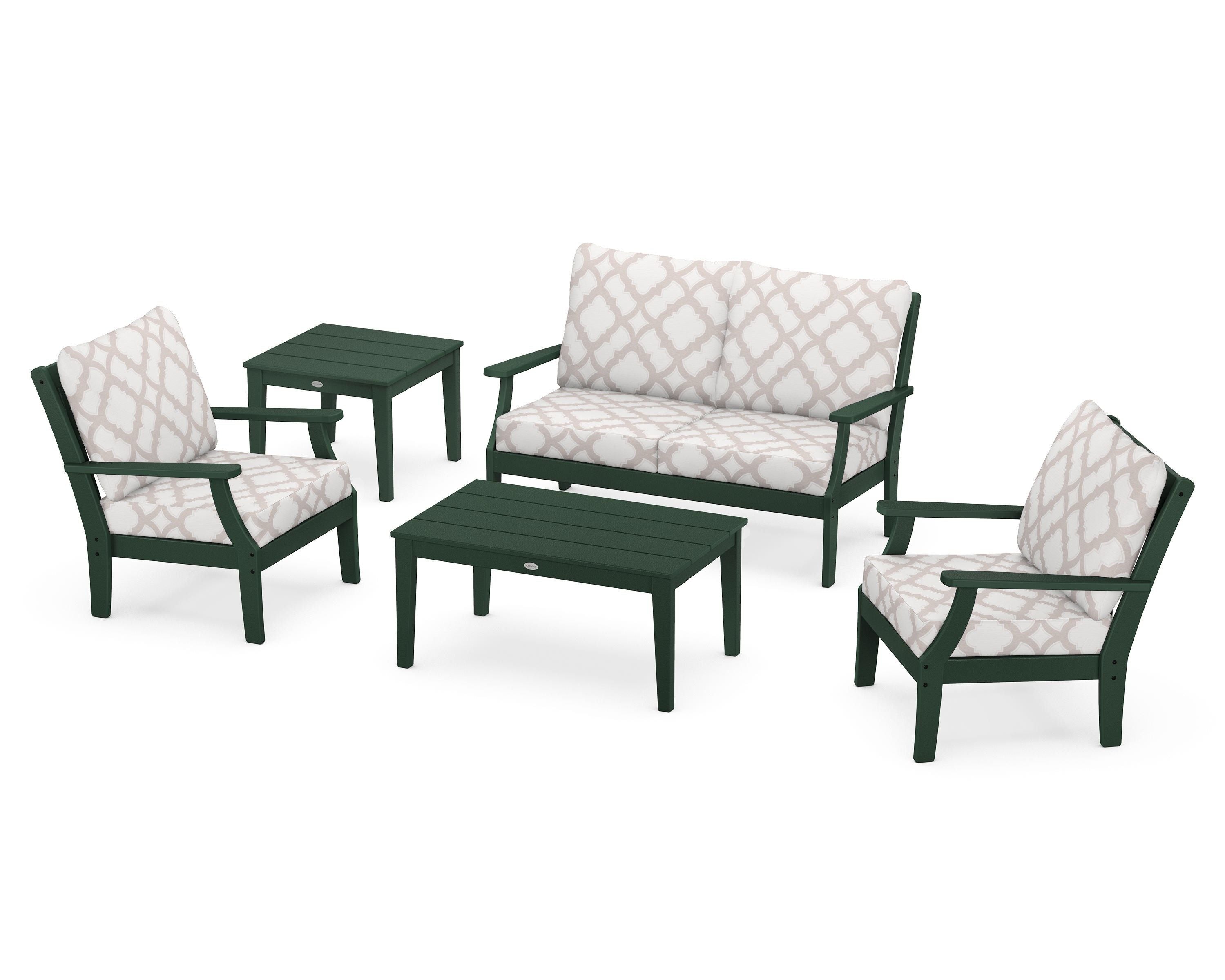 POLYWOOD® Braxton 5-Piece Deep Seating Set in Green / Trellis Dune Burlap
