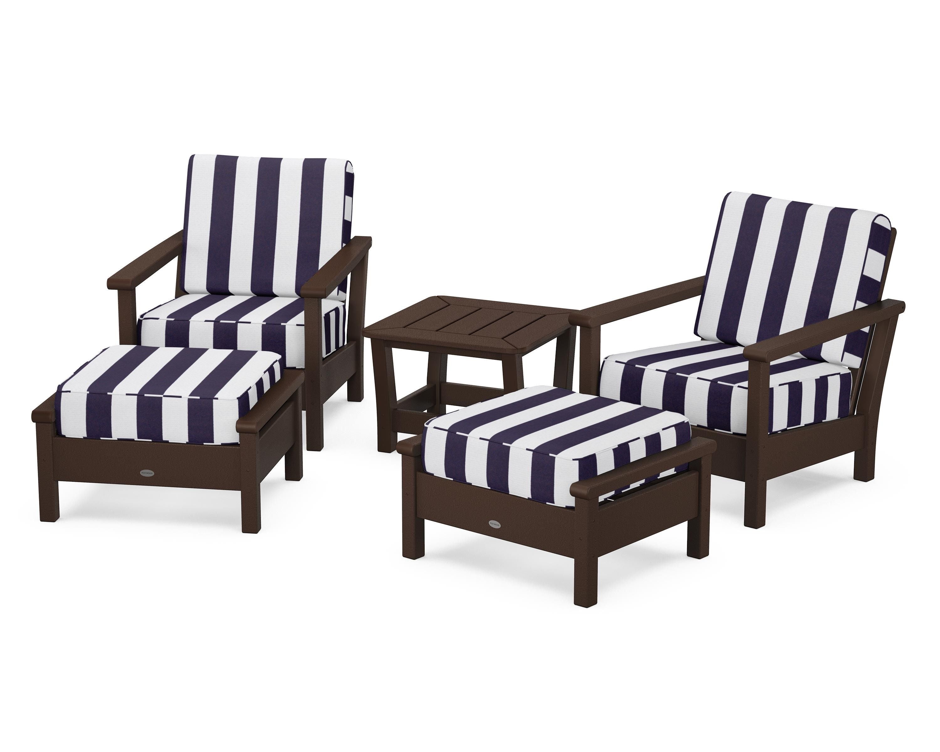 POLYWOOD® Harbour 5-Piece Deep Seating Chair Set in Mahogany / Cabana Stripe Navy