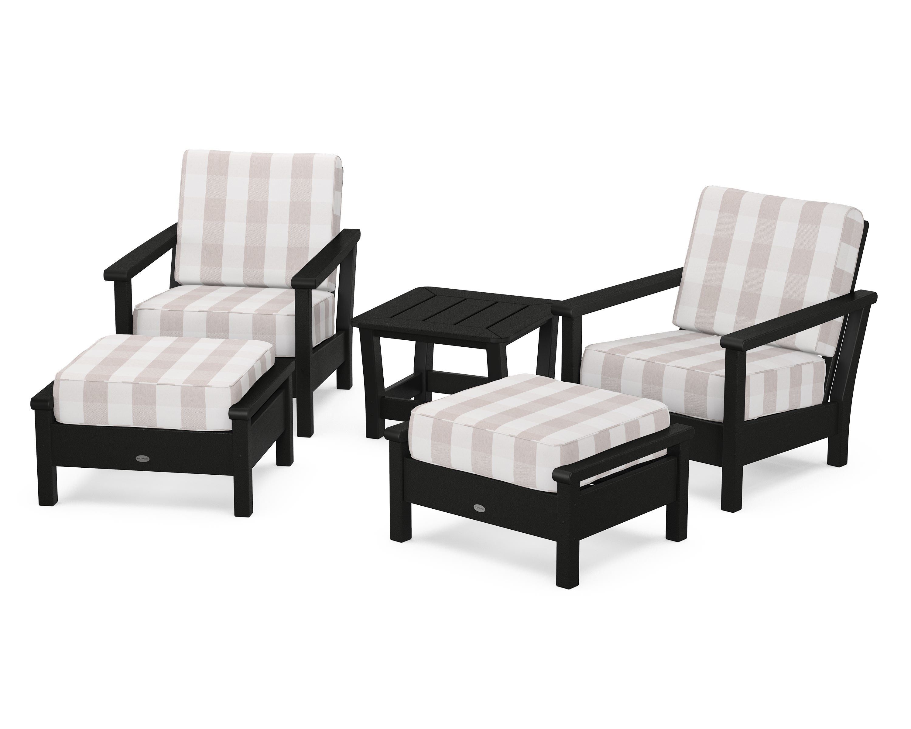 POLYWOOD® Harbour 5-Piece Deep Seating Chair Set in Black / Buffalo Plaid Dune Burlap