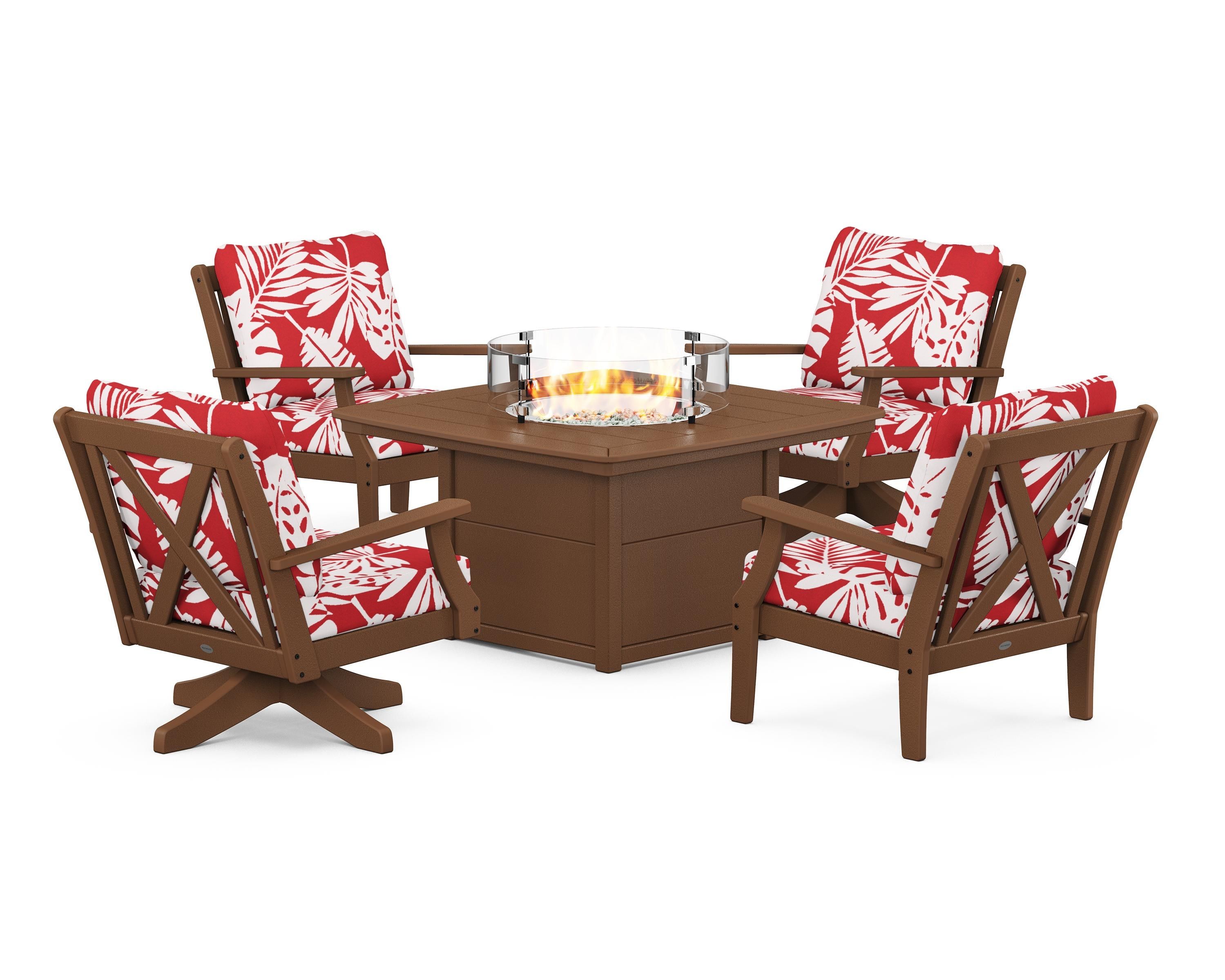 POLYWOOD® Braxton 5-Piece Deep Seating Set with Fire Table in Teak / Leaf Crimson