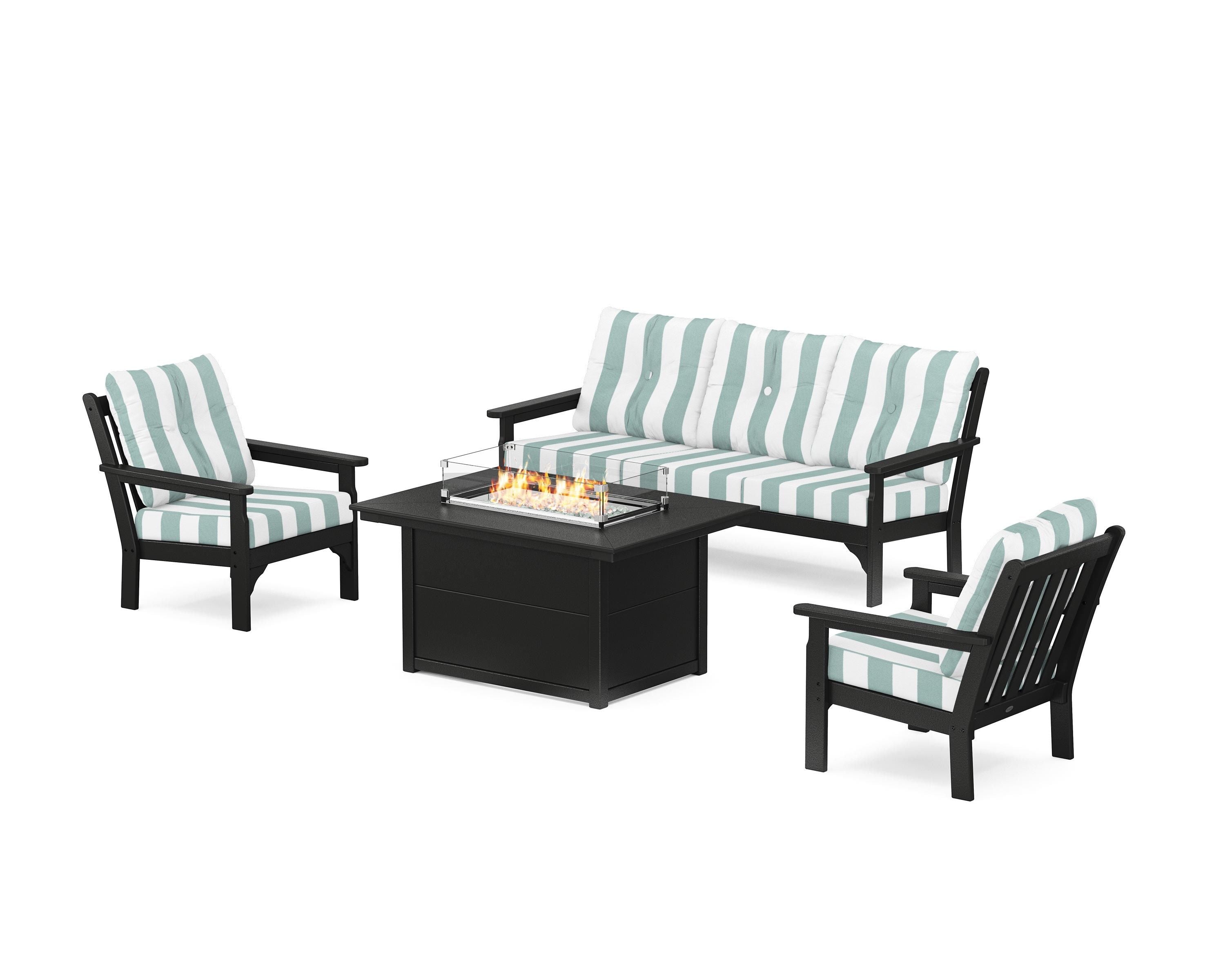 POLYWOOD® Vineyard Deep Seating Fire Pit Table Set in Black / Cabana Stripe Glacier Spa