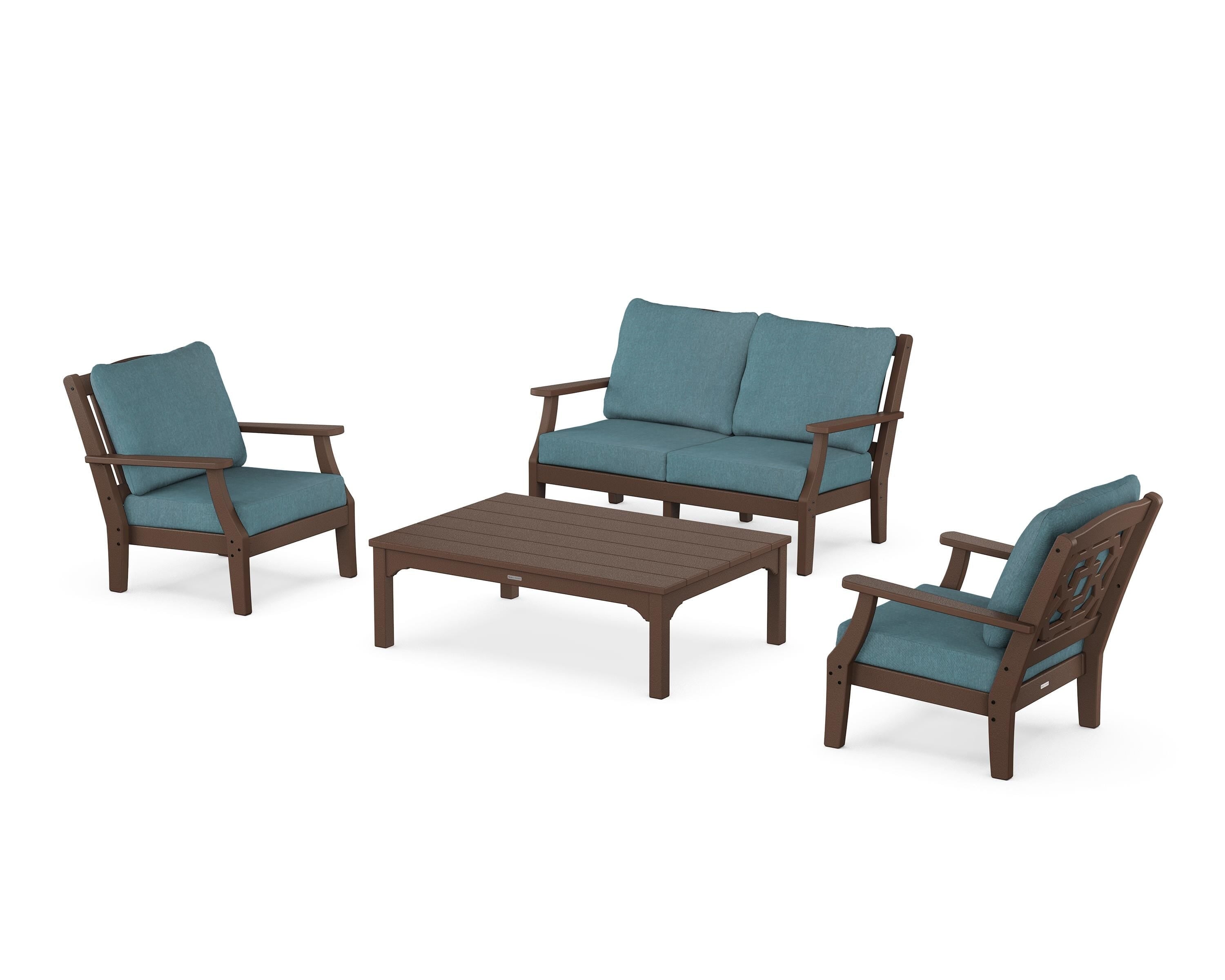 Martha Stewart by POLYWOOD® Chinoiserie 4-Piece Deep Seating Set with Loveseat in Mahogany / Ocean Teal