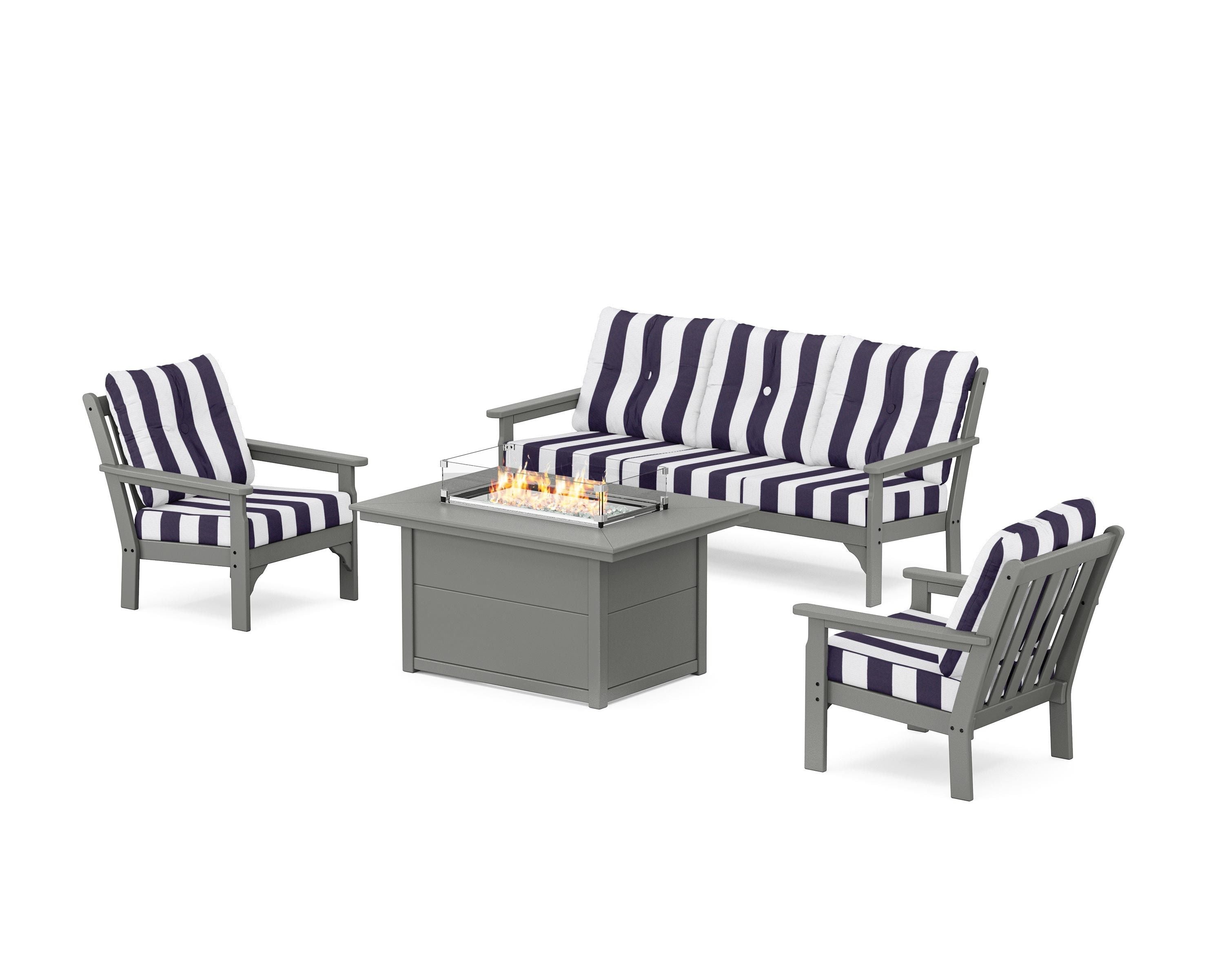 POLYWOOD® Vineyard Deep Seating Fire Pit Table Set in Slate Grey / Cabana Stripe Navy