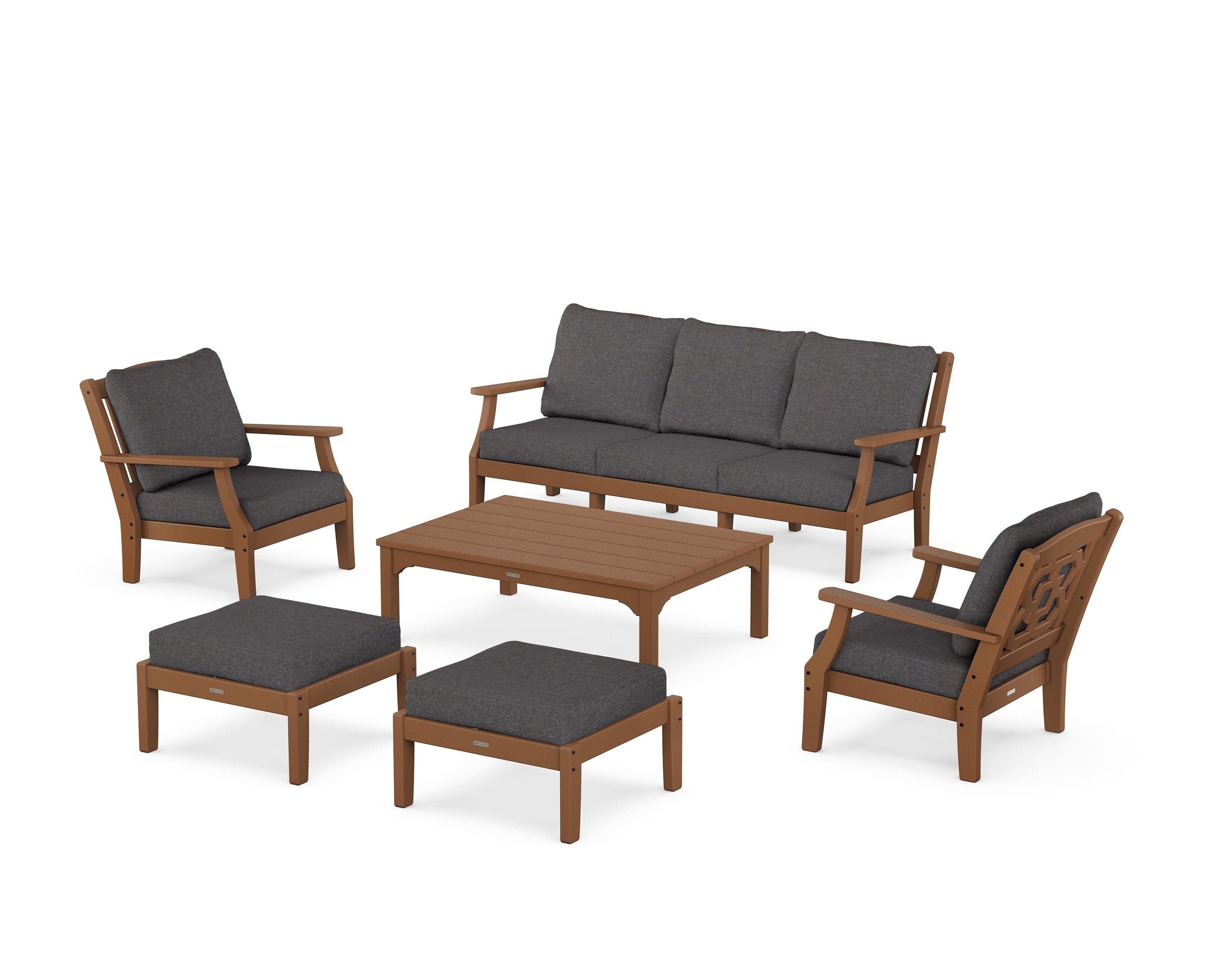 Martha Stewart by POLYWOOD® Chinoiserie 6-Piece Lounge Sofa Set in Teak / Ash Charcoal
