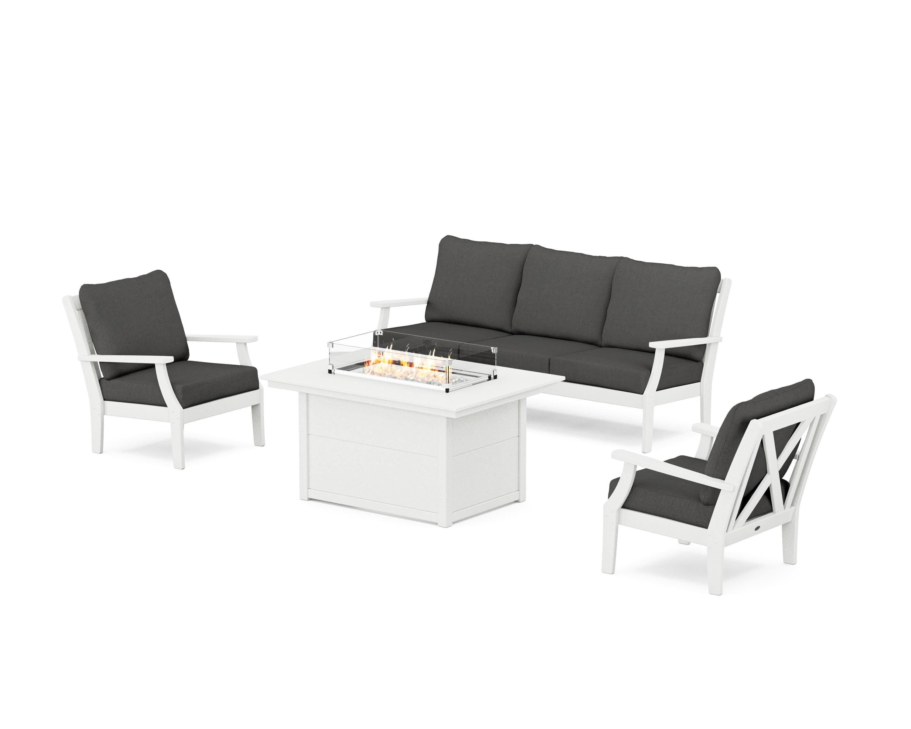 POLYWOOD® Braxton Deep Seating Fire Pit Table Set in Vintage White / Spectrum Carbon