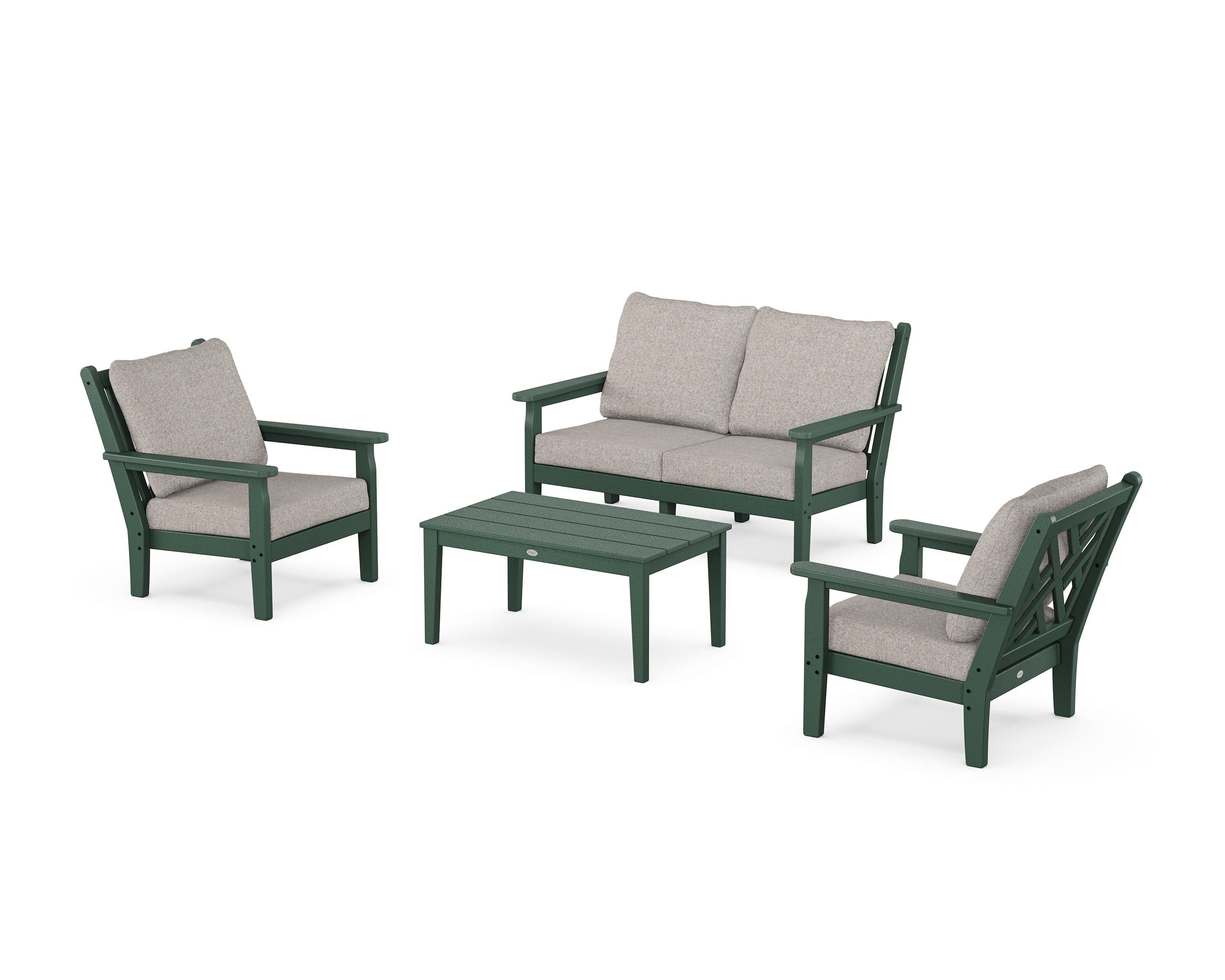 POLYWOOD® Chippendale 4-Piece Deep Seating Set with Loveseat in Green / Weathered Tweed
