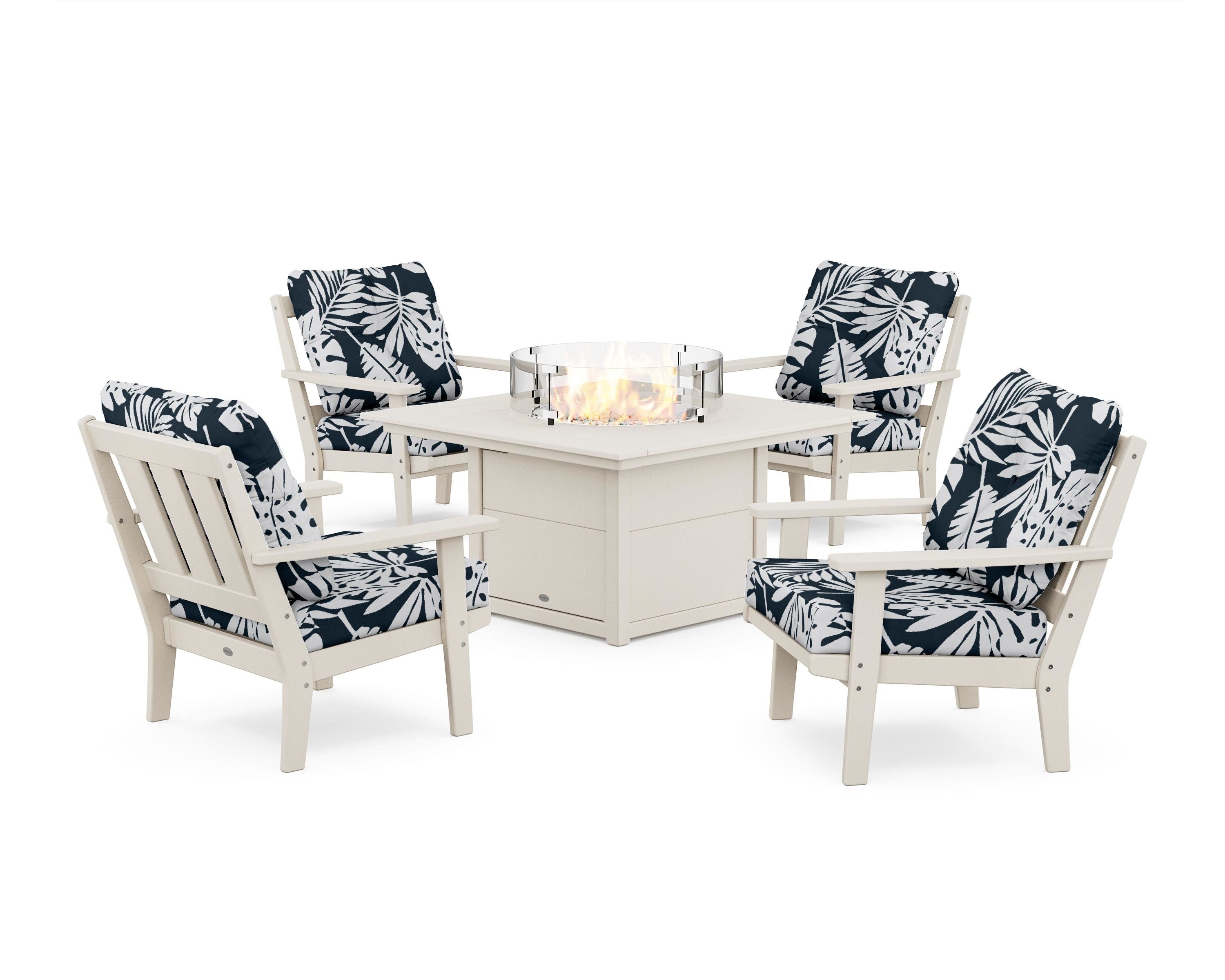POLYWOOD® Oxford 5-Piece Deep Seating Set with Fire Pit Table in Sand / Leaf Marine Indigo