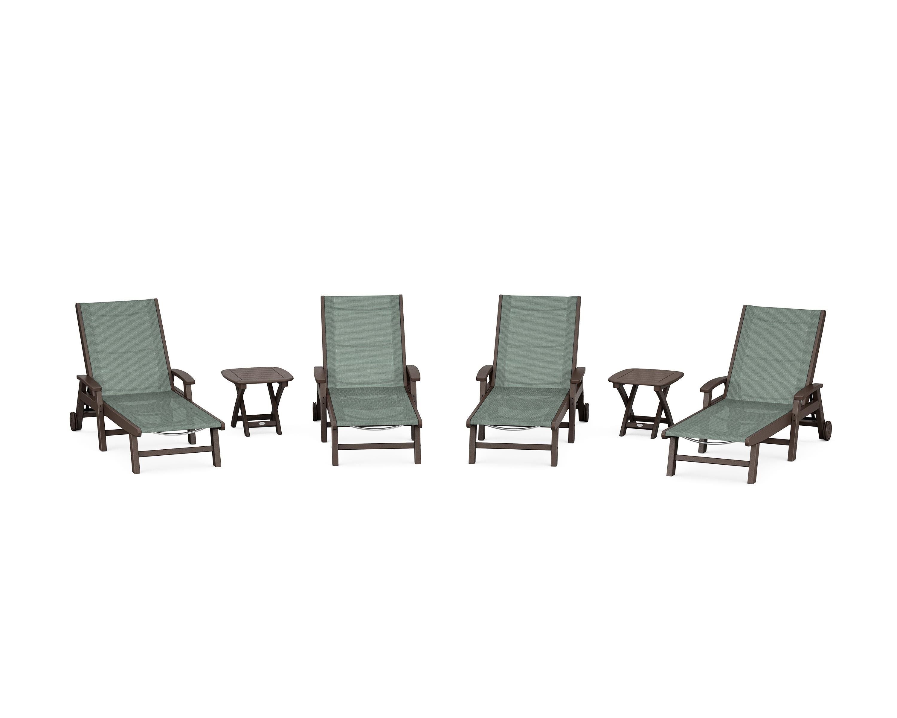 POLYWOOD® Coastal Chaise 6-Piece Set with Wheels in Mahogany / Dupioni Sea Mist Sling