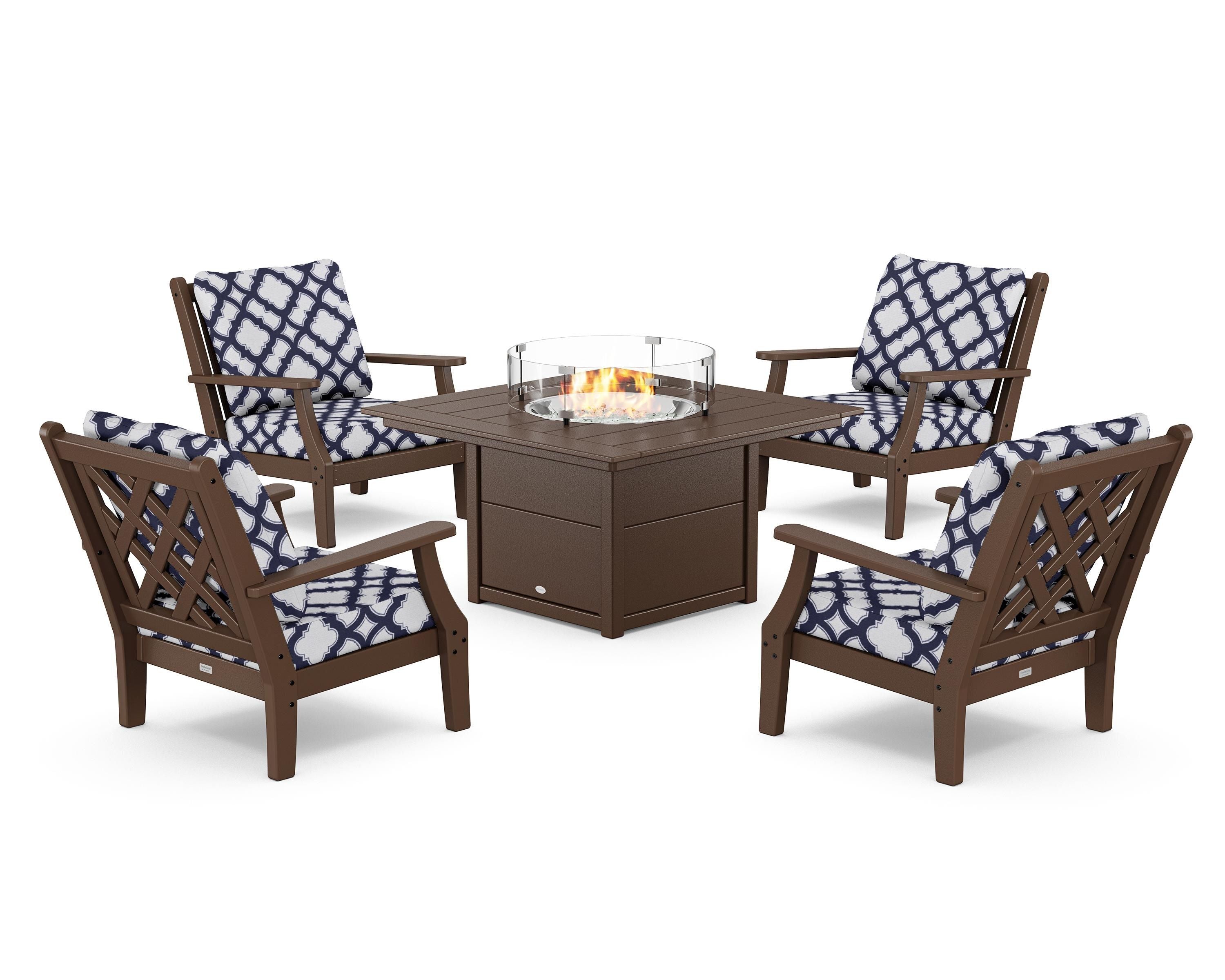 Country Living Wovendale 5-Piece Deep Seating Set with Fire Pit Table in Mahogany / Trellis Navy