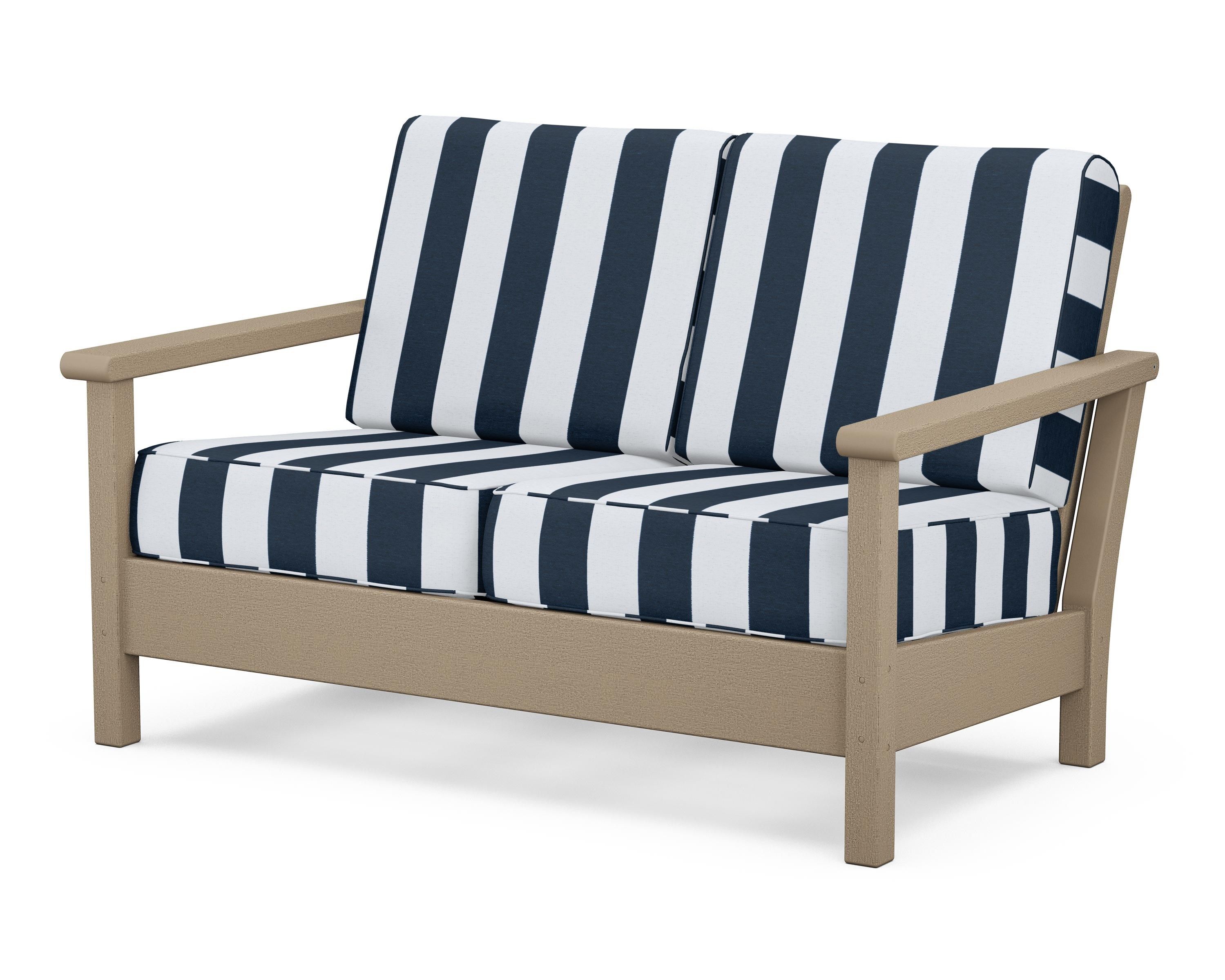 POLYWOOD® Harbour Deep Seating Loveseat in Vintage Sahara / Cabana Stripe Marine Indigo