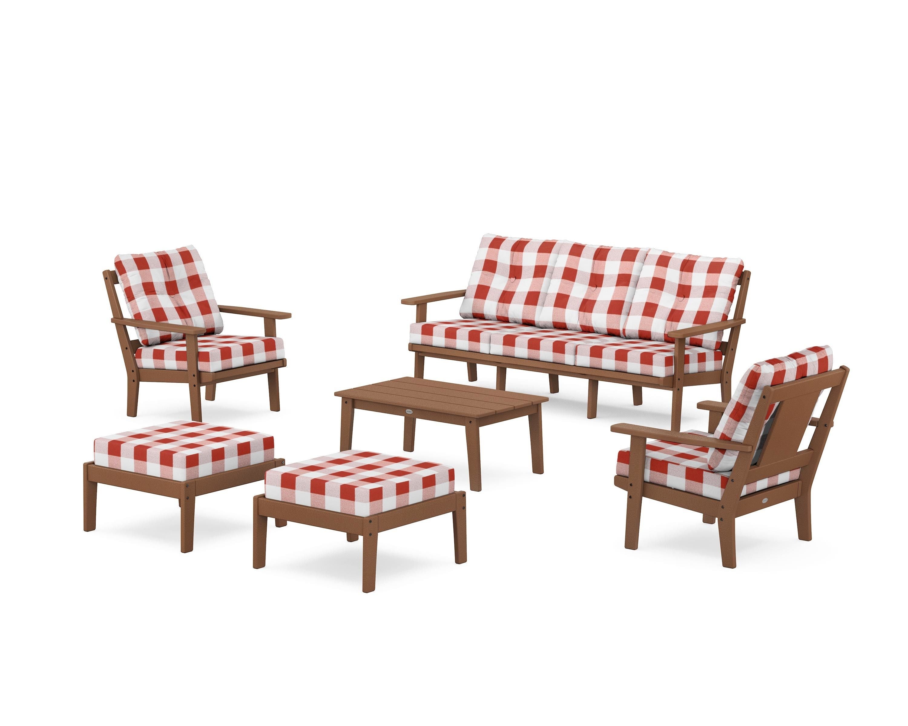 POLYWOOD® Prairie 6-Piece Lounge Sofa Set in Teak / Buffalo Plaid Crimson