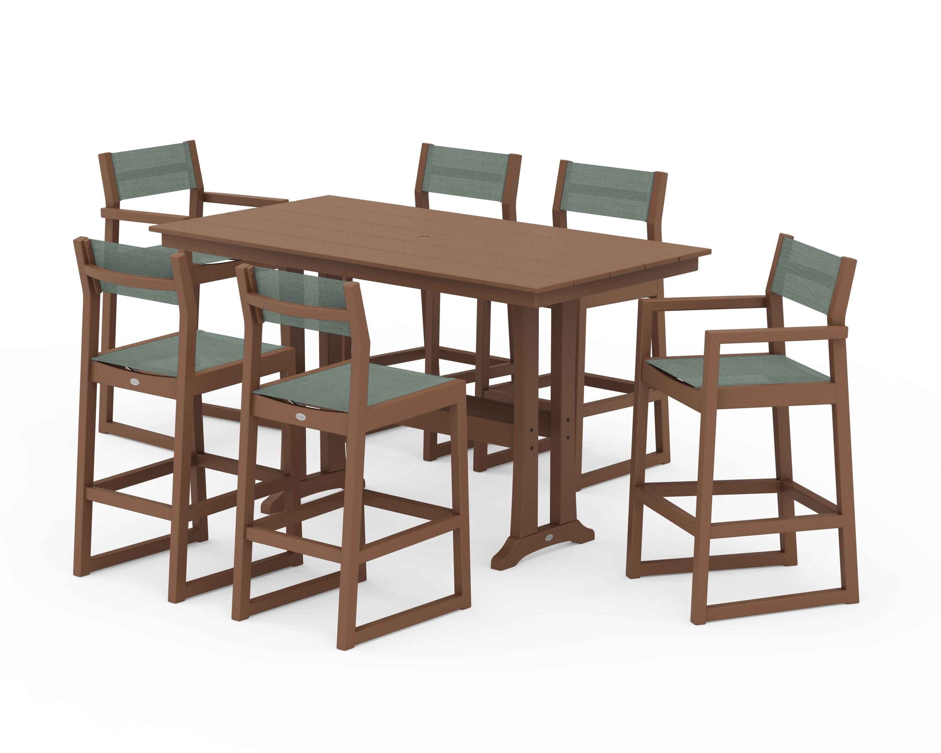 POLYWOOD® EDGE Sling 7-Piece Farmhouse Bar Set with Trestle Legs in Teak / Dupioni Sea Mist Sling