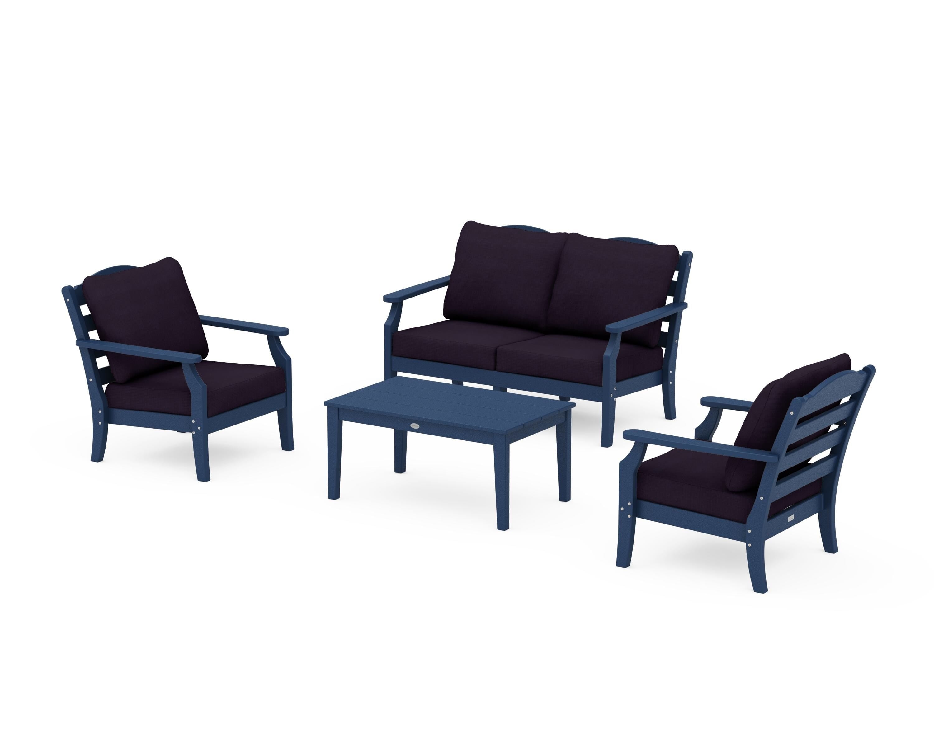 Draper James™ by POLYWOOD® Savannah 4-Piece Deep Seating Set with Loveseat in Navy / Navy Linen