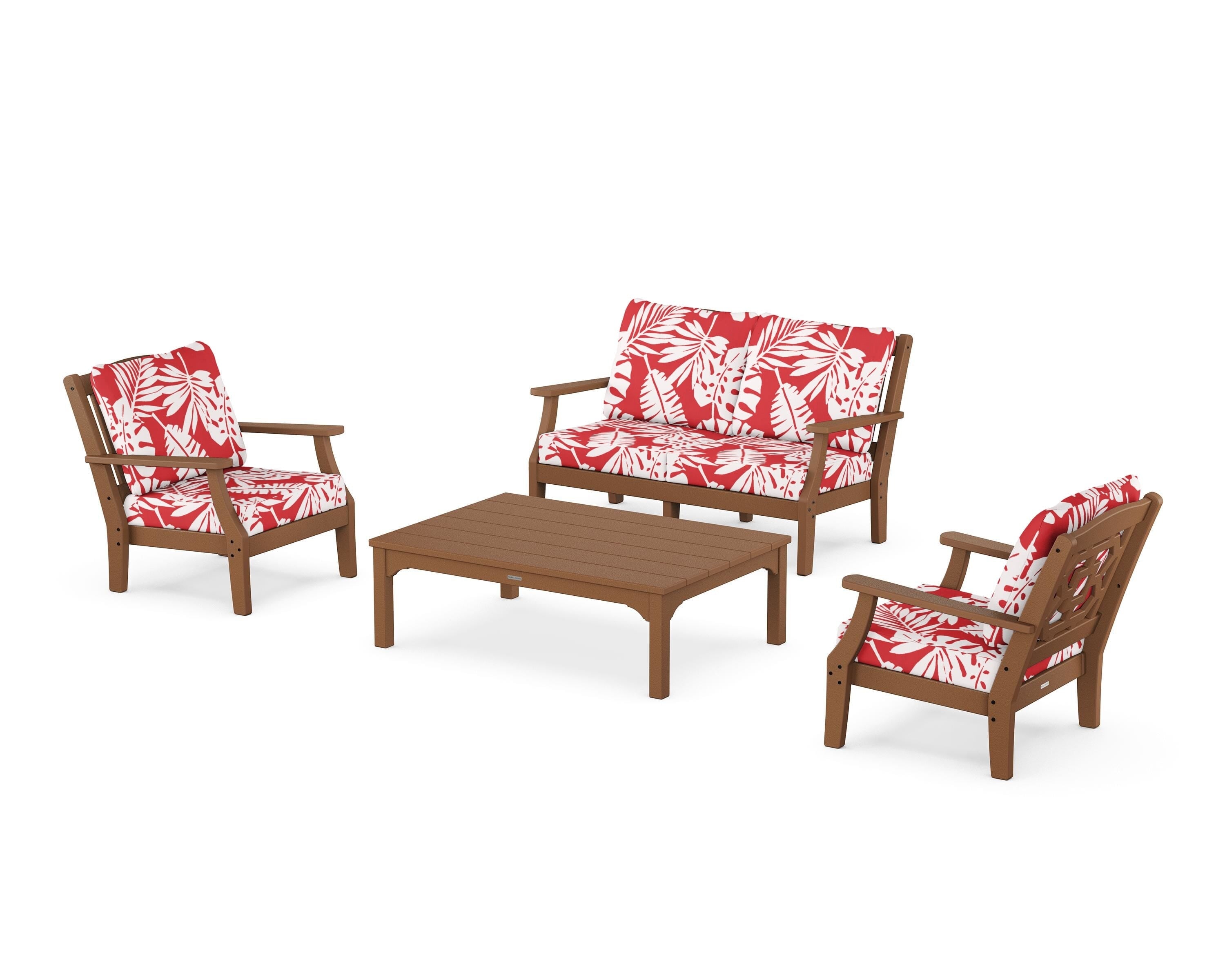 Martha Stewart by POLYWOOD® Chinoiserie 4-Piece Deep Seating Set with Loveseat in Teak / Leaf Crimson