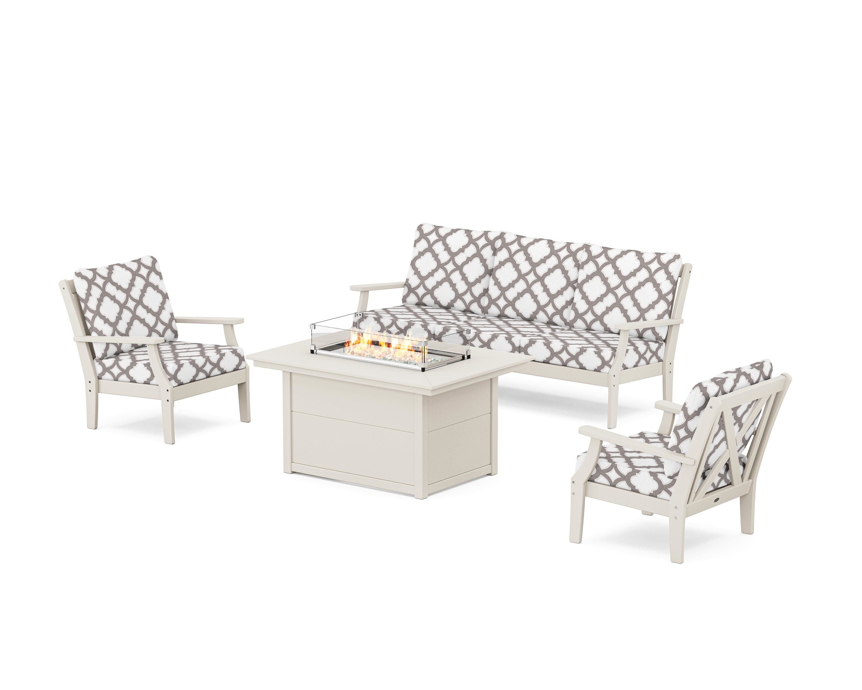 POLYWOOD® Braxton Deep Seating Fire Pit Table Set in Sand / Trellis Grey Mist