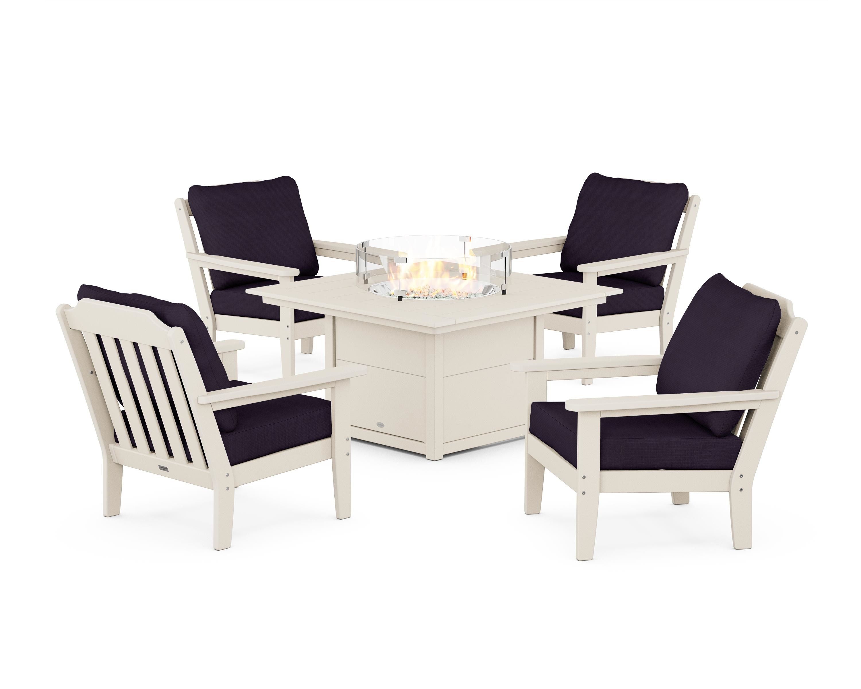 Country Living Cottage 5-Piece Deep Seating Set with Fire Pit Table in Sand / Navy Linen