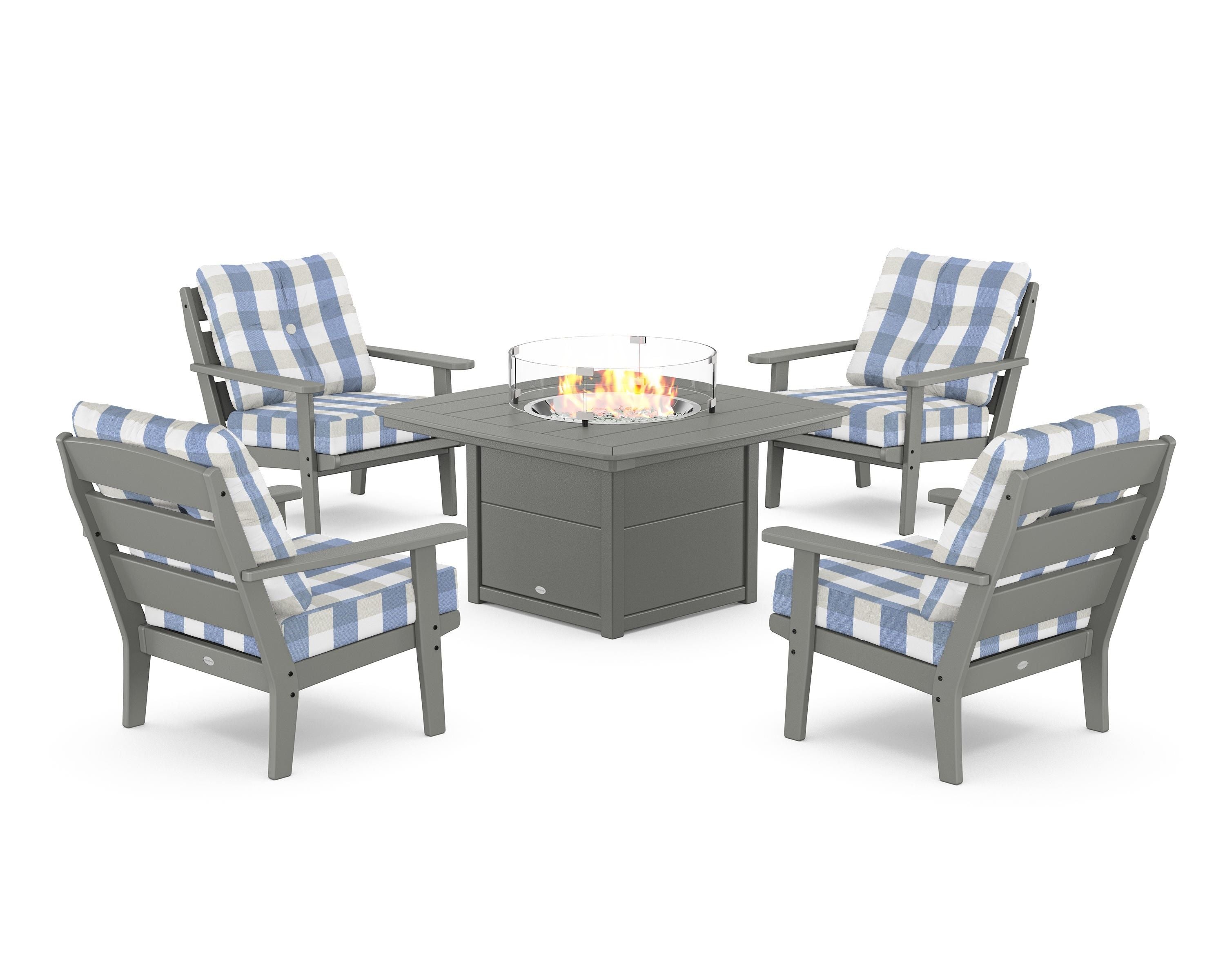 POLYWOOD® Lakeside 5-Piece Deep Seating Set with Nautical Fire Pit Table in Slate Grey / Buffalo Plaid Sky Blue