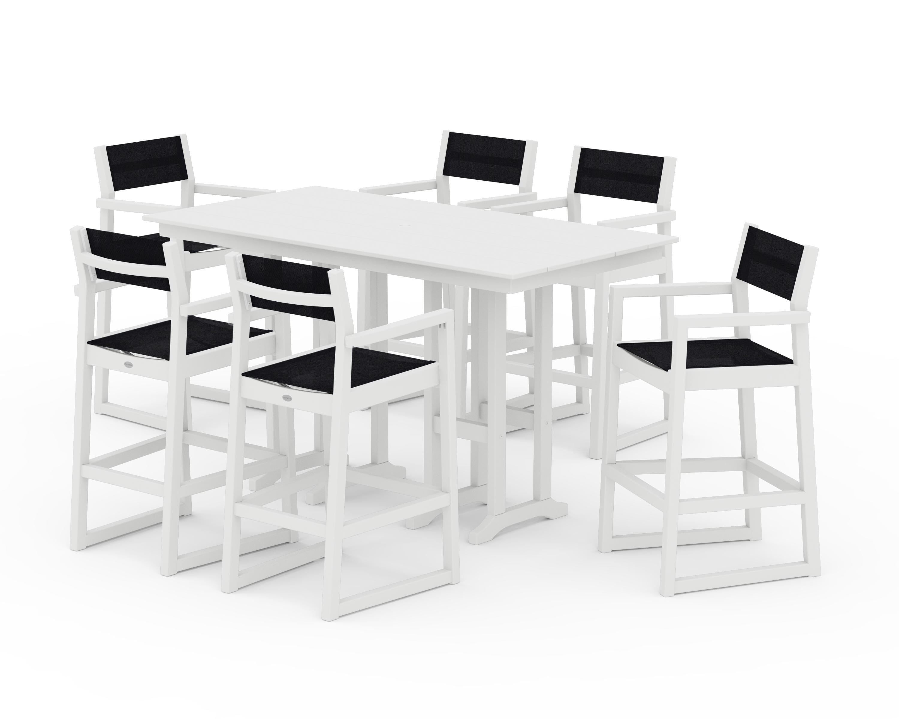 POLYWOOD® EDGE Sling Arm Chair 7-Piece Farmhouse Bar Set in White / Black Sling