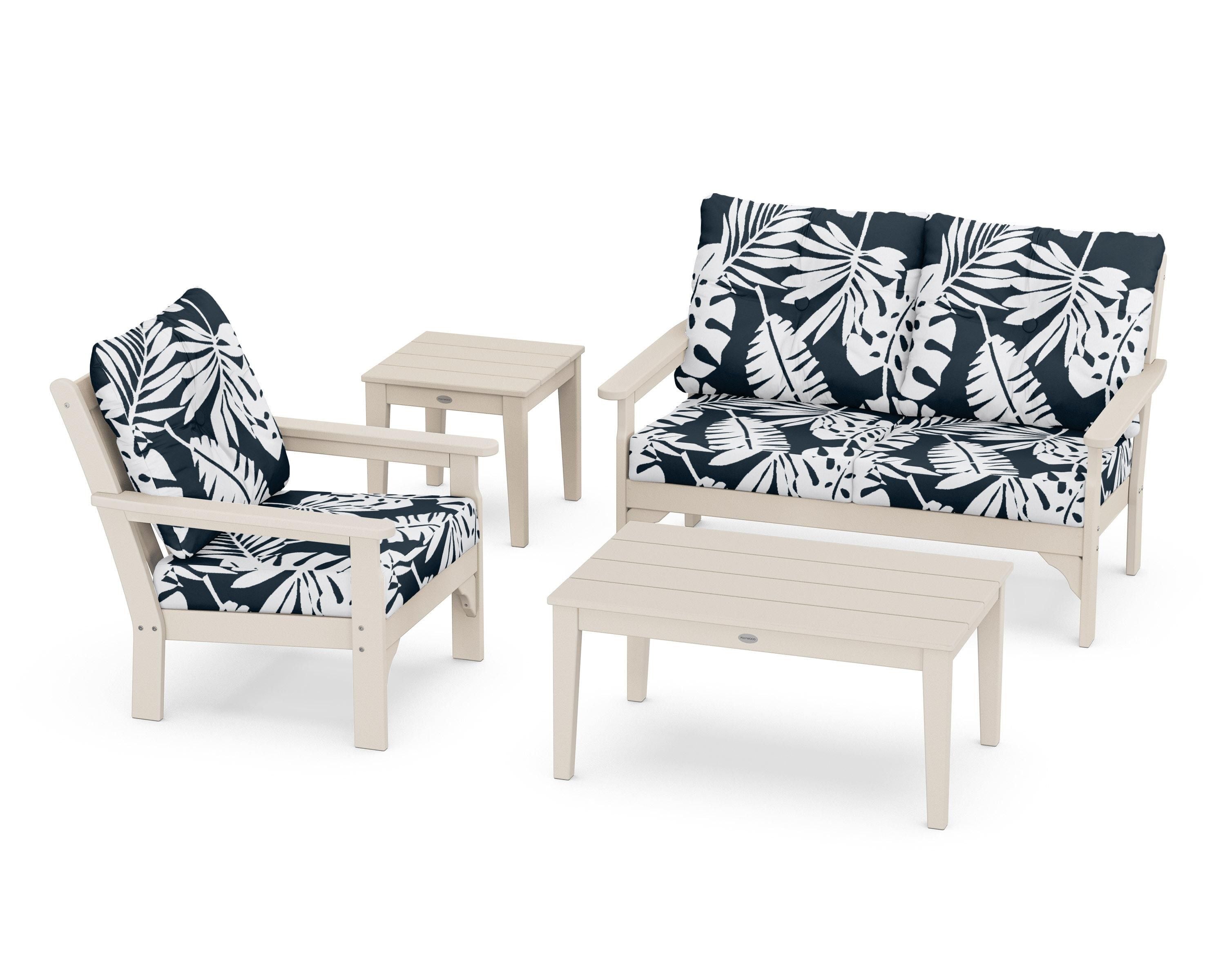 POLYWOOD® Vineyard 4-Piece Deep Seating Set in Sand / Leaf Marine Indigo
