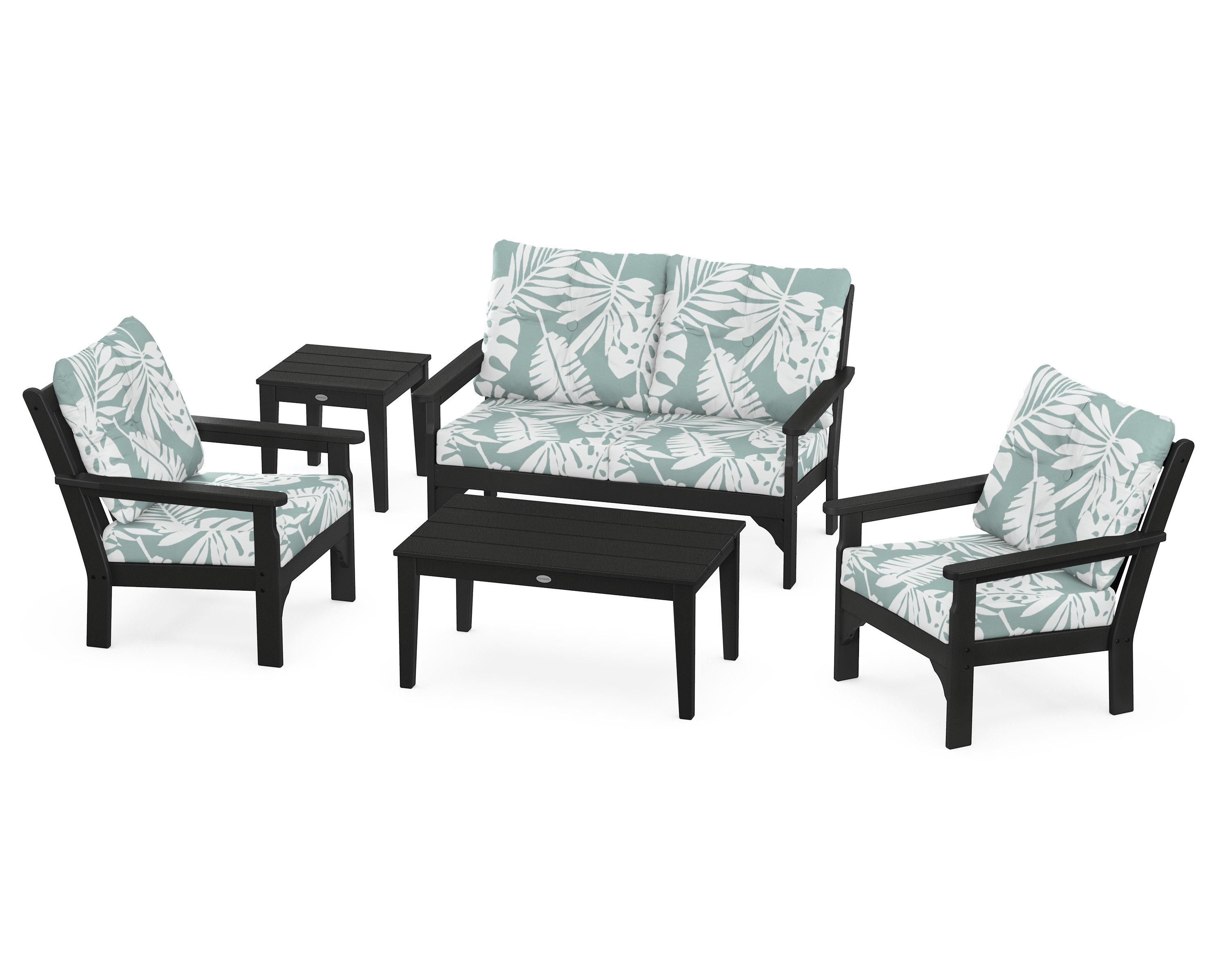 POLYWOOD® Vineyard 5-Piece Deep Seating Set in Black / Leaf Glacier Spa