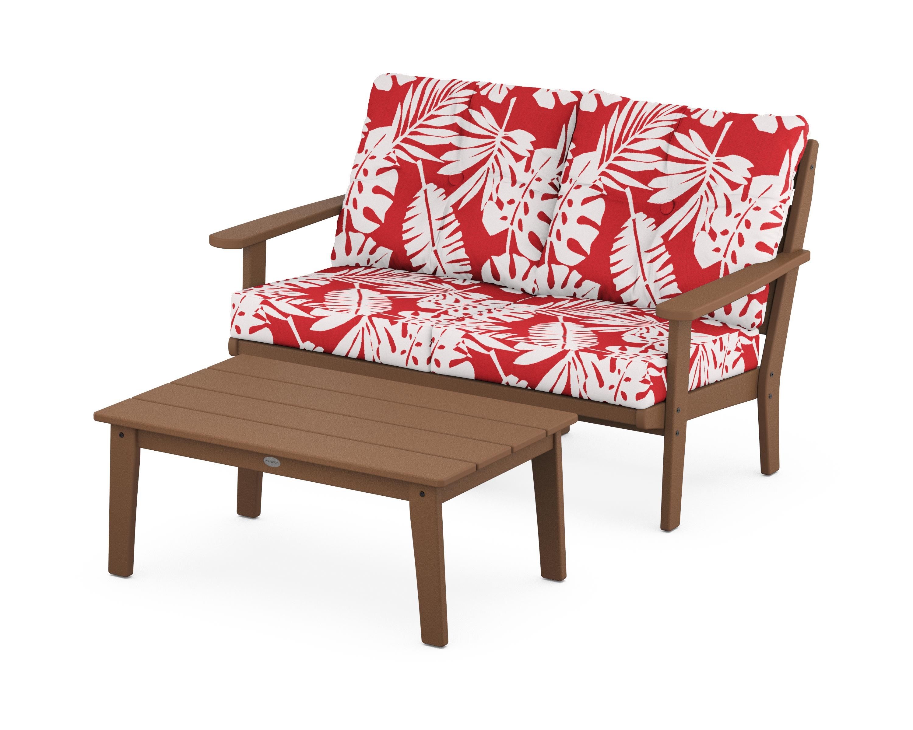 POLYWOOD® Lakeside 2-Piece Lounge Loveseat Set in Teak / Leaf Crimson
