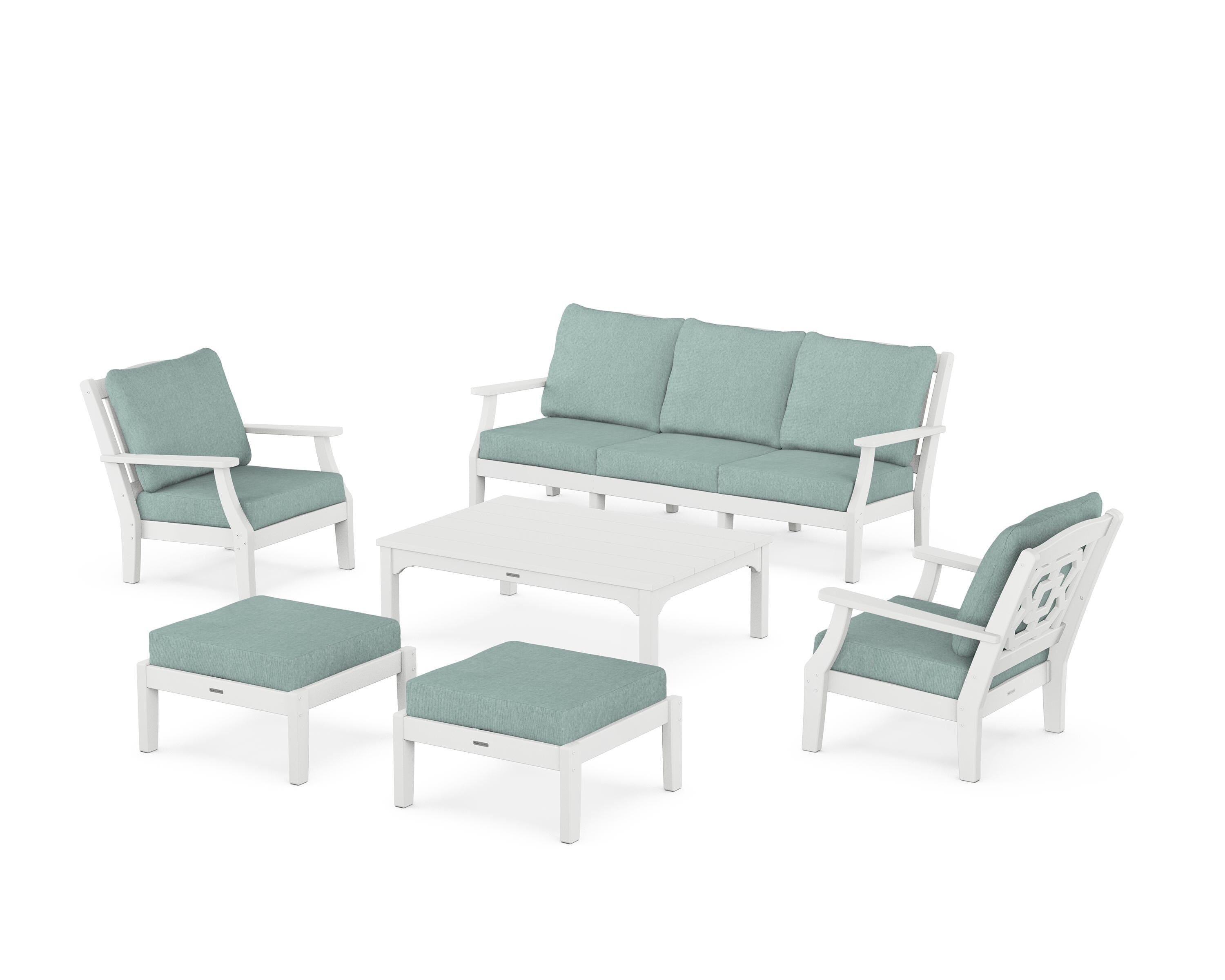 Martha Stewart by POLYWOOD® Chinoiserie 6-Piece Lounge Sofa Set in White / Glacier Spa