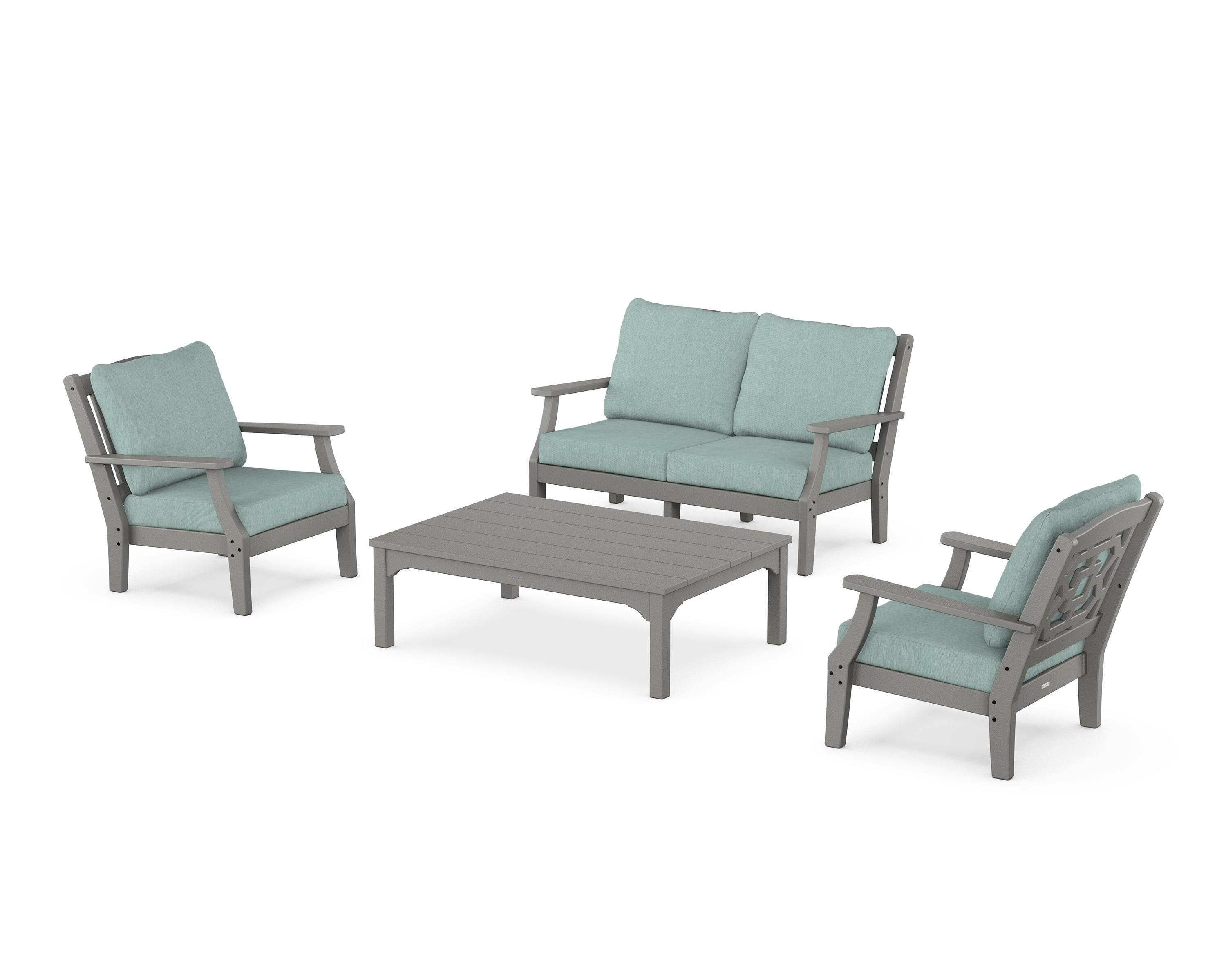 Martha Stewart by POLYWOOD® Chinoiserie 4-Piece Deep Seating Set with Loveseat in Slate Grey / Glacier Spa
