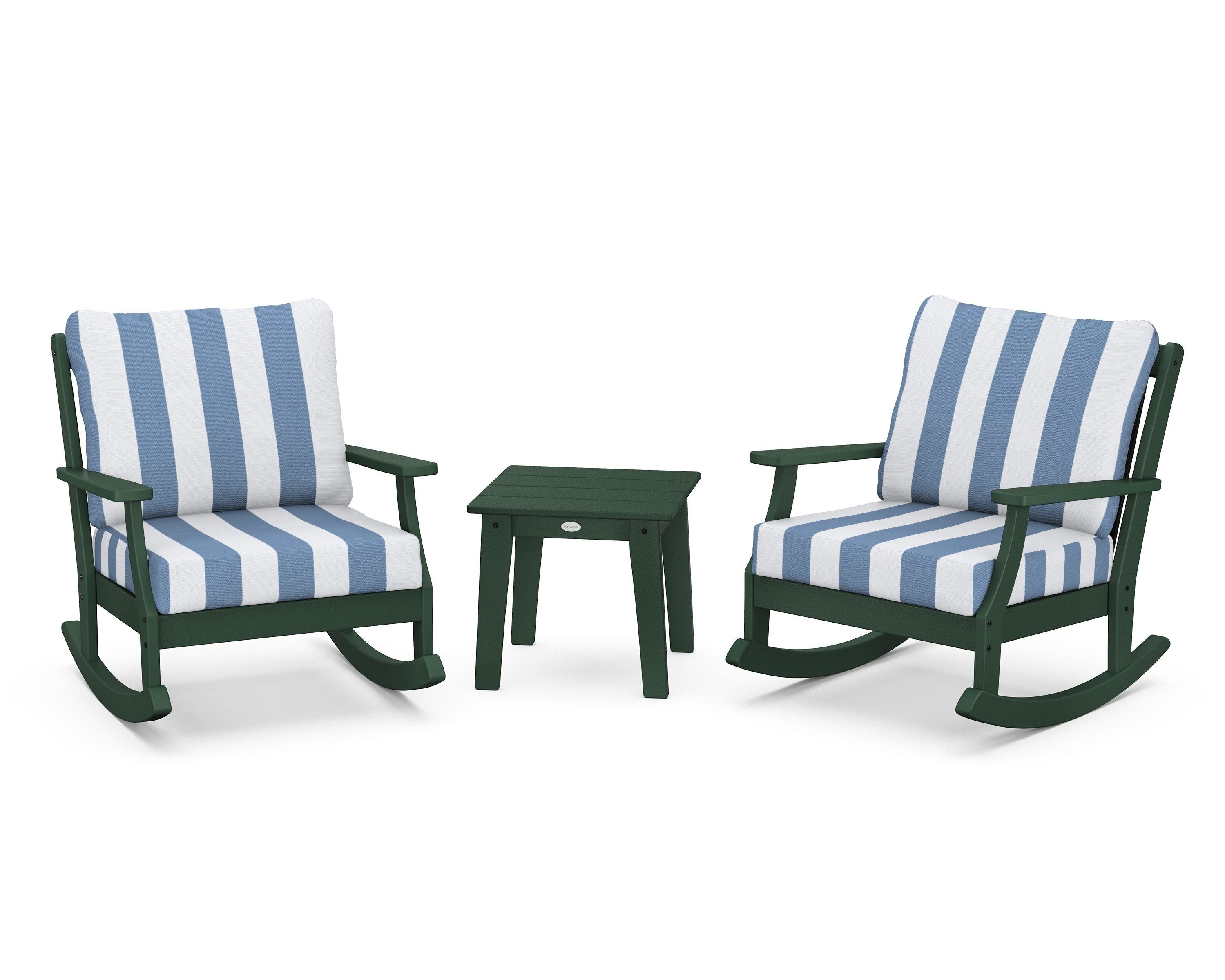 POLYWOOD® Braxton 3-Piece Deep Seating Rocker Set in Green / Cabana Stripe Sky Blue