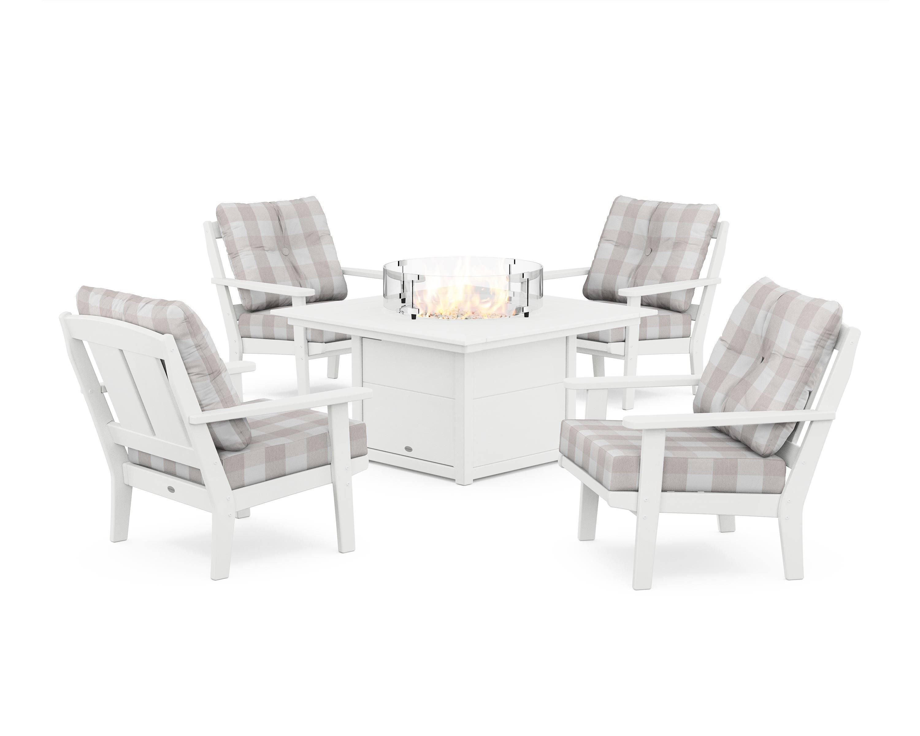 POLYWOOD® Mission 5-Piece Deep Seating Set with Fire Pit Table in White / Buffalo Plaid Dune Burlap