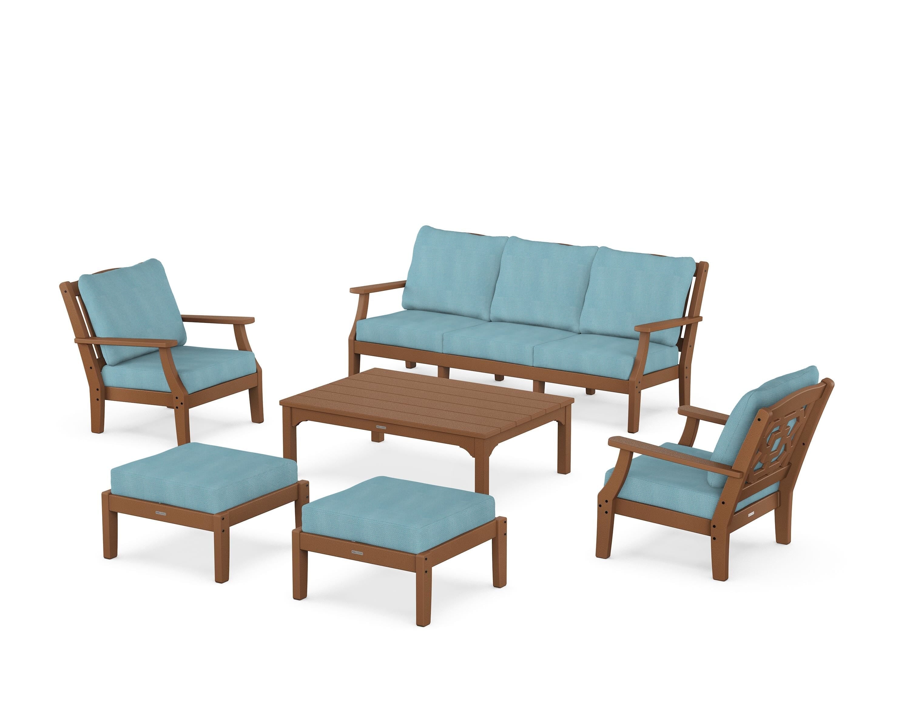 Martha Stewart by POLYWOOD® Chinoiserie 6-Piece Lounge Sofa Set in Teak / Lattice Sky Blue