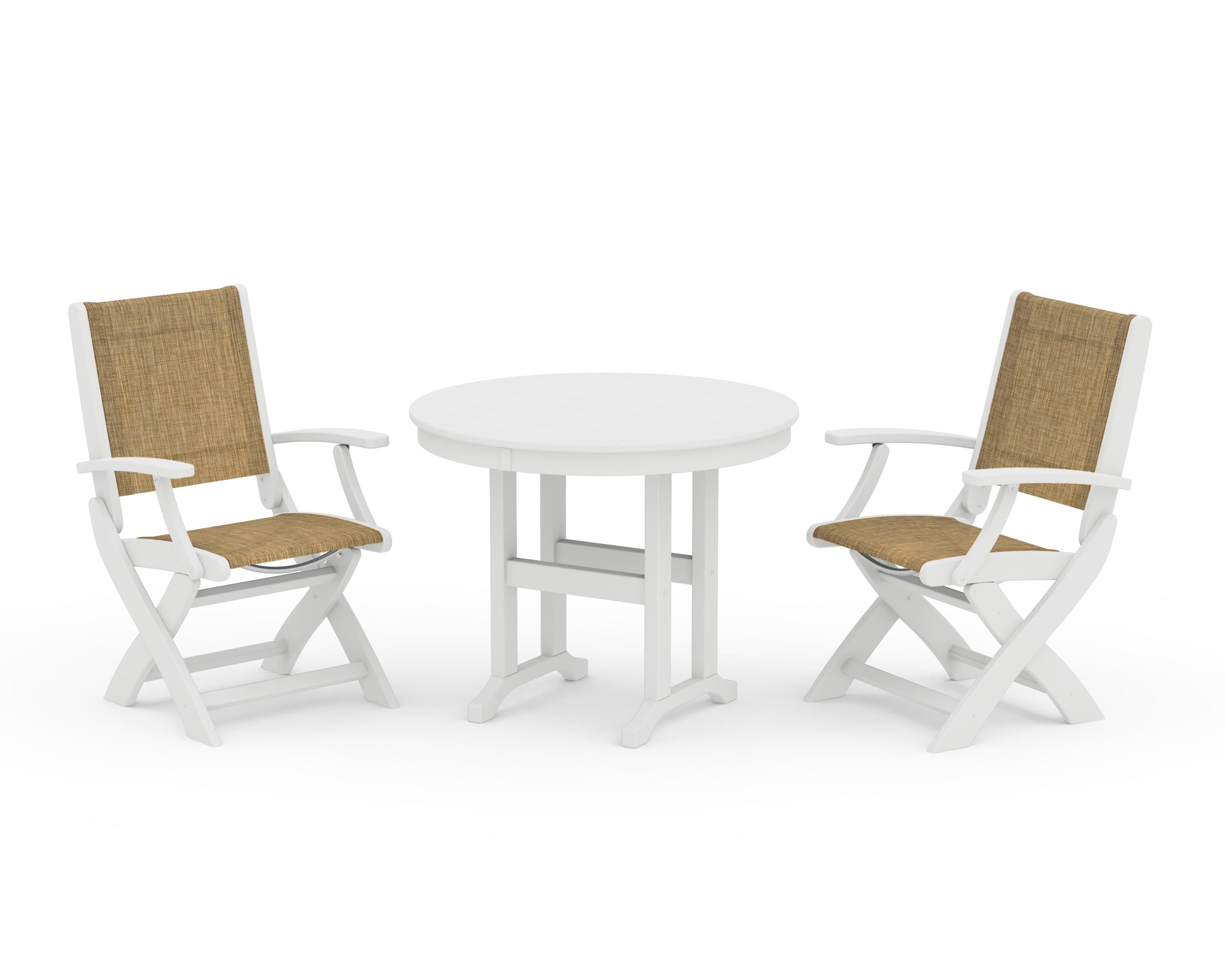 POLYWOOD® Coastal Folding Chair 3-Piece Round Dining Set in White / Burlap Sling
