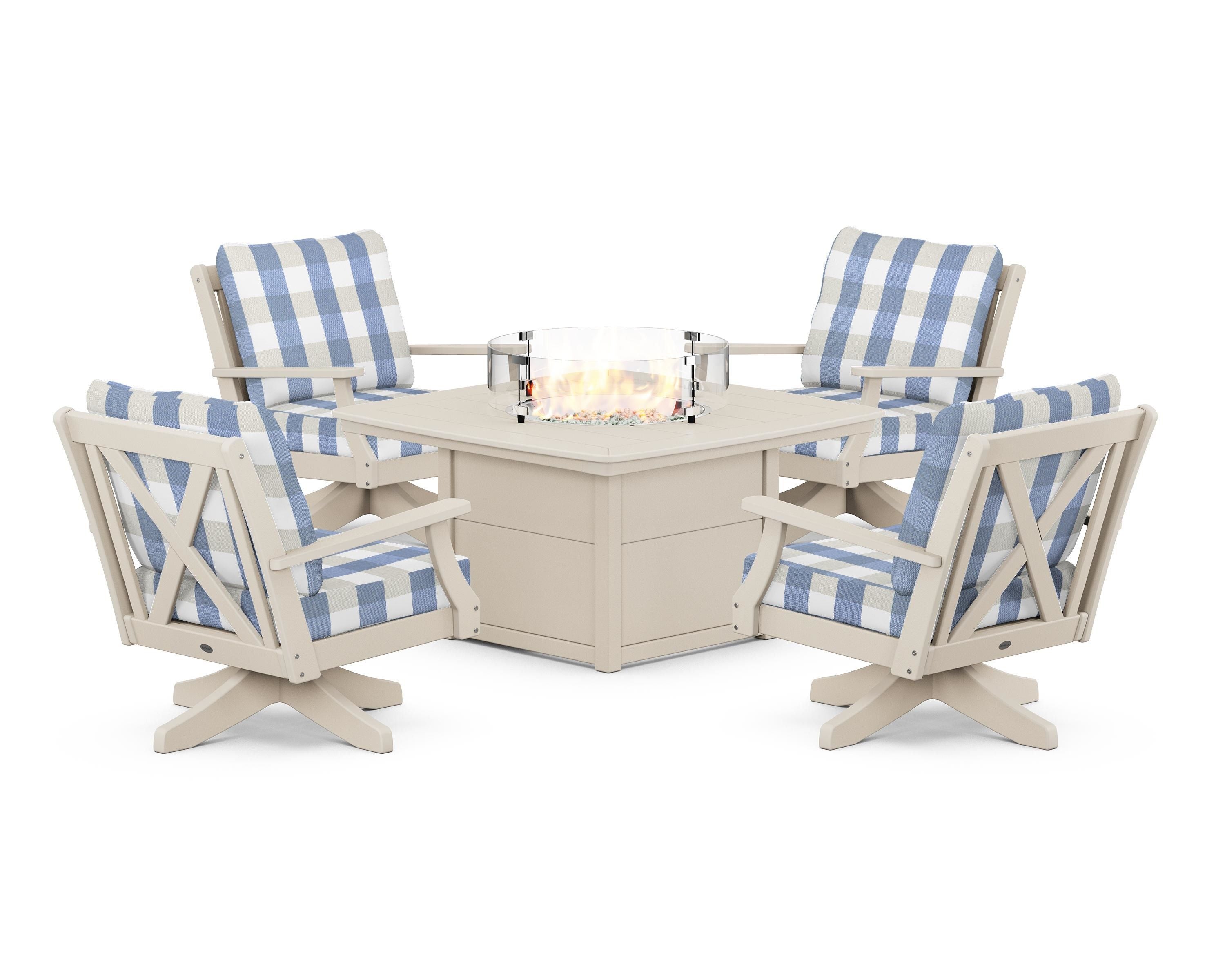 POLYWOOD® Braxton 5-Piece Deep Seating Swivel Conversation Set with Fire Pit Table in Sand / Buffalo Plaid Sky Blue