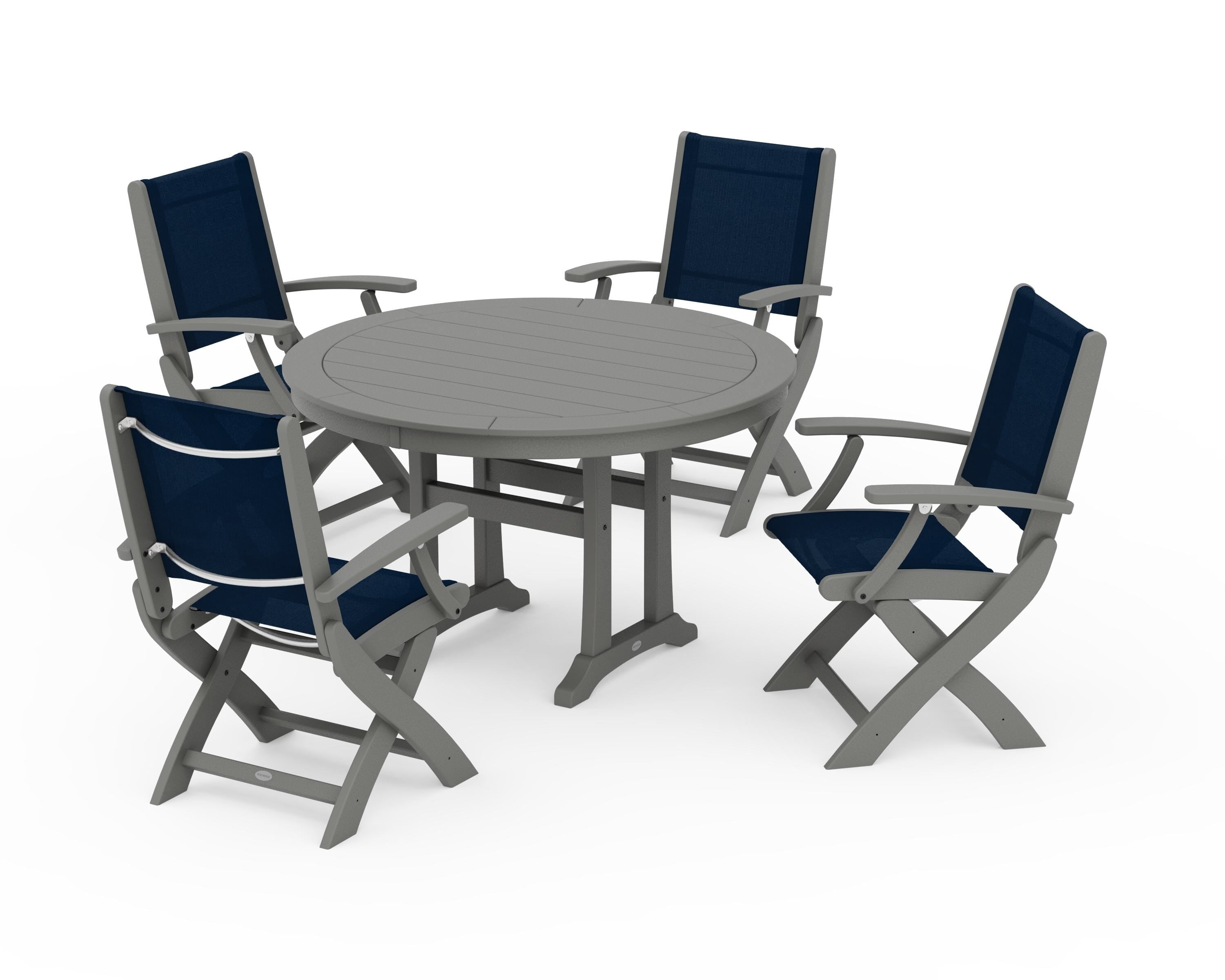 POLYWOOD® Coastal Folding Chair 5-Piece Round Dining Set with Trestle Legs in Slate Grey / Navy Blue Sling