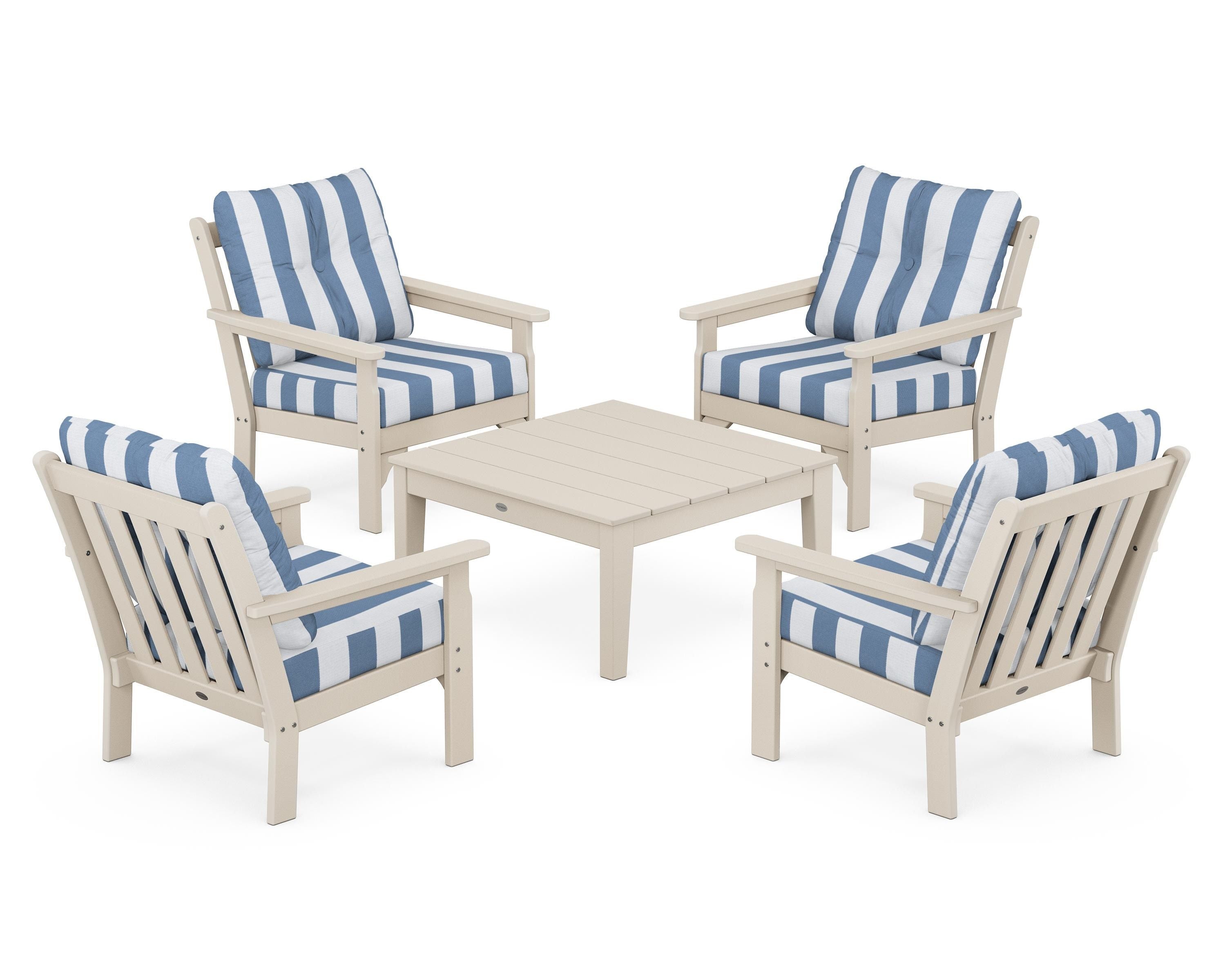 POLYWOOD® Vineyard 5-Piece Deep Seating Conversation Set in Sand / Cabana Stripe Sky Blue