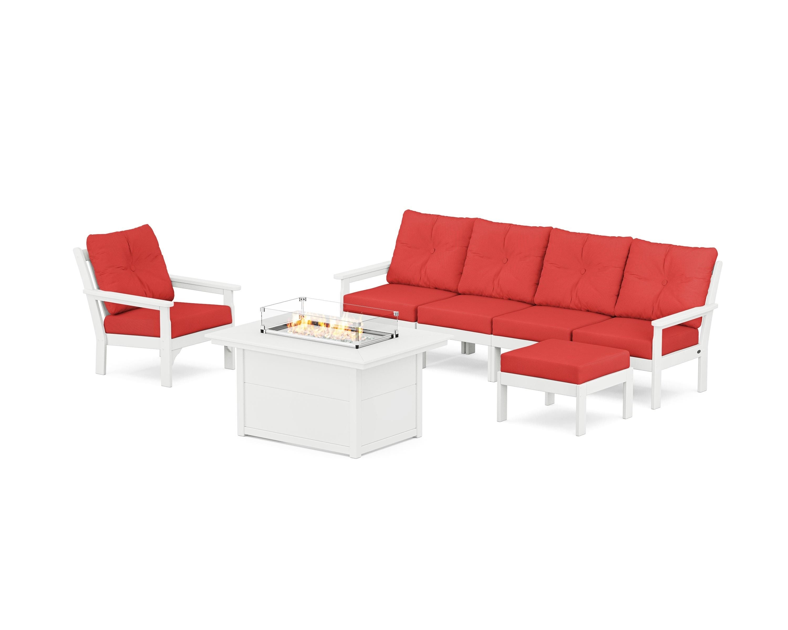 POLYWOOD® Vineyard Sectional Lounge and Fire Pit Set in White / Crimson Linen