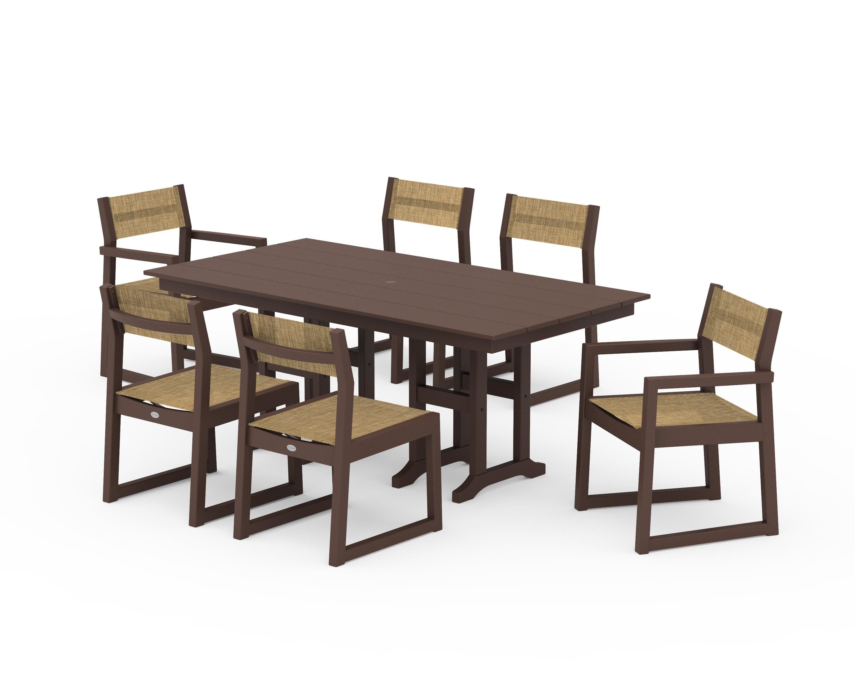 POLYWOOD® EDGE Sling 7-Piece Farmhouse Dining Set in Mahogany / Burlap Sling
